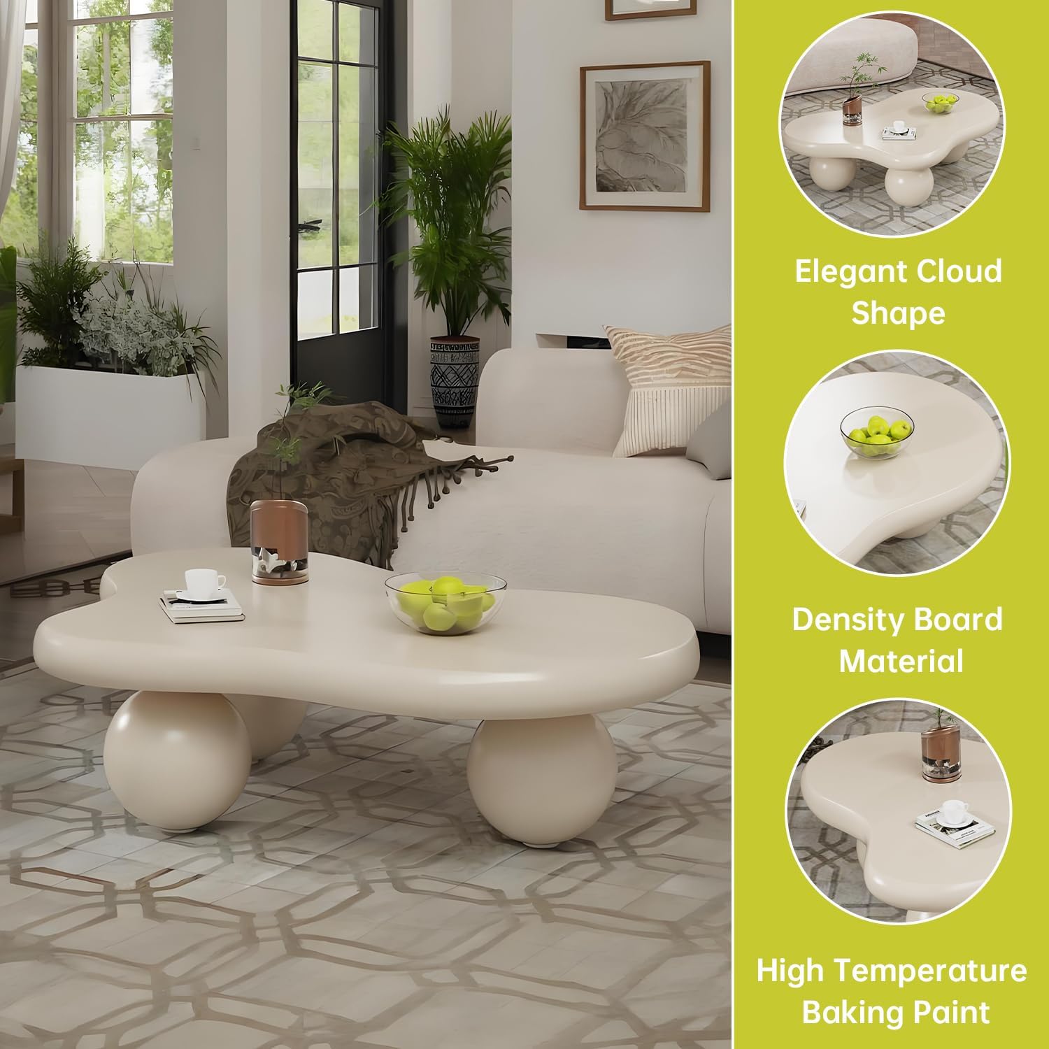 Cloud Coffee Table for Living Room Modern Irregular Coffee Table Unique Asymmetrical Pedestal Coffee Tables Low Center Table for Small Spaces for Tatami Apartment (A Cream 46in)