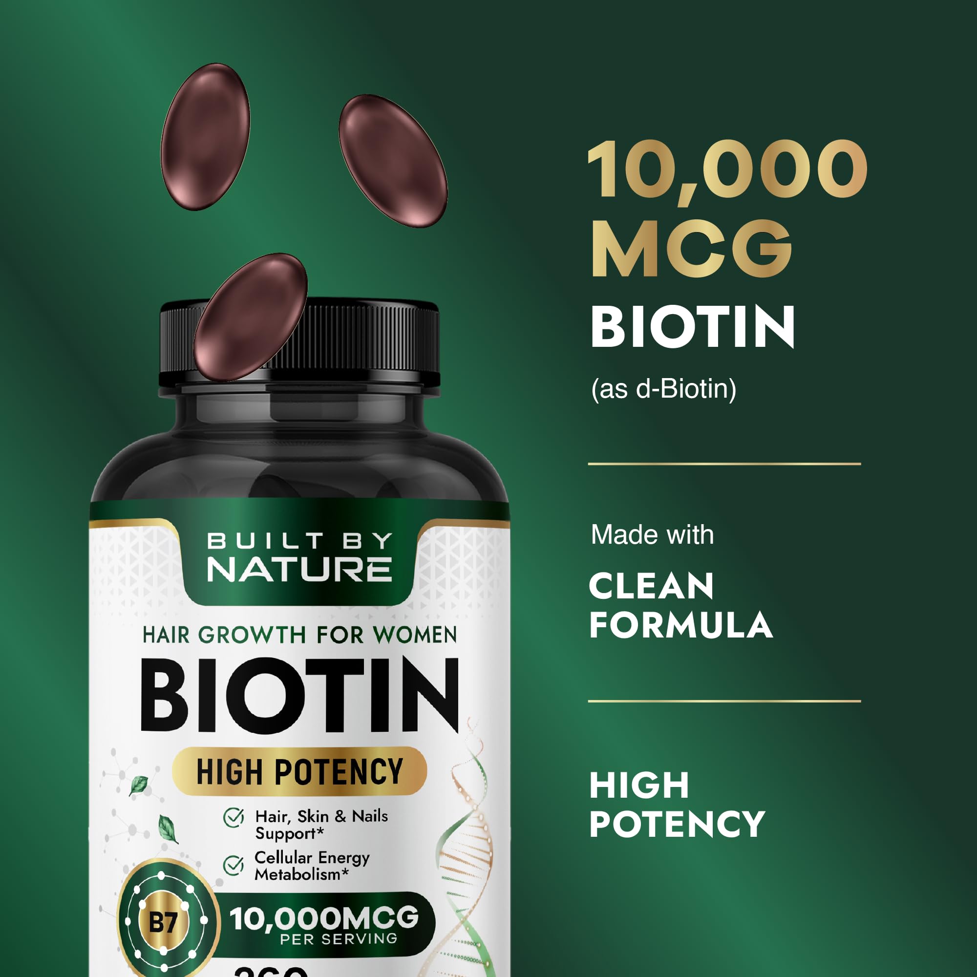 Built by Nature Biotin 10,000 mcg – Biotin for Hair Growth Women – High Potency Vitamin B7 Supplement – Vitamins for Hair, Skin & Nails – 360 Softgels