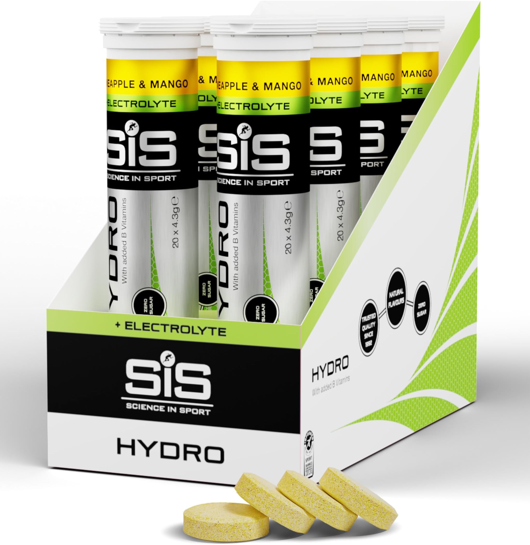 Hydro Hydration Tablets, Zero Sugar, Pineapple and Mango Flavour Plus Electrolytes, 20 Effervescent Tablets per Bottle (8 Bottles)