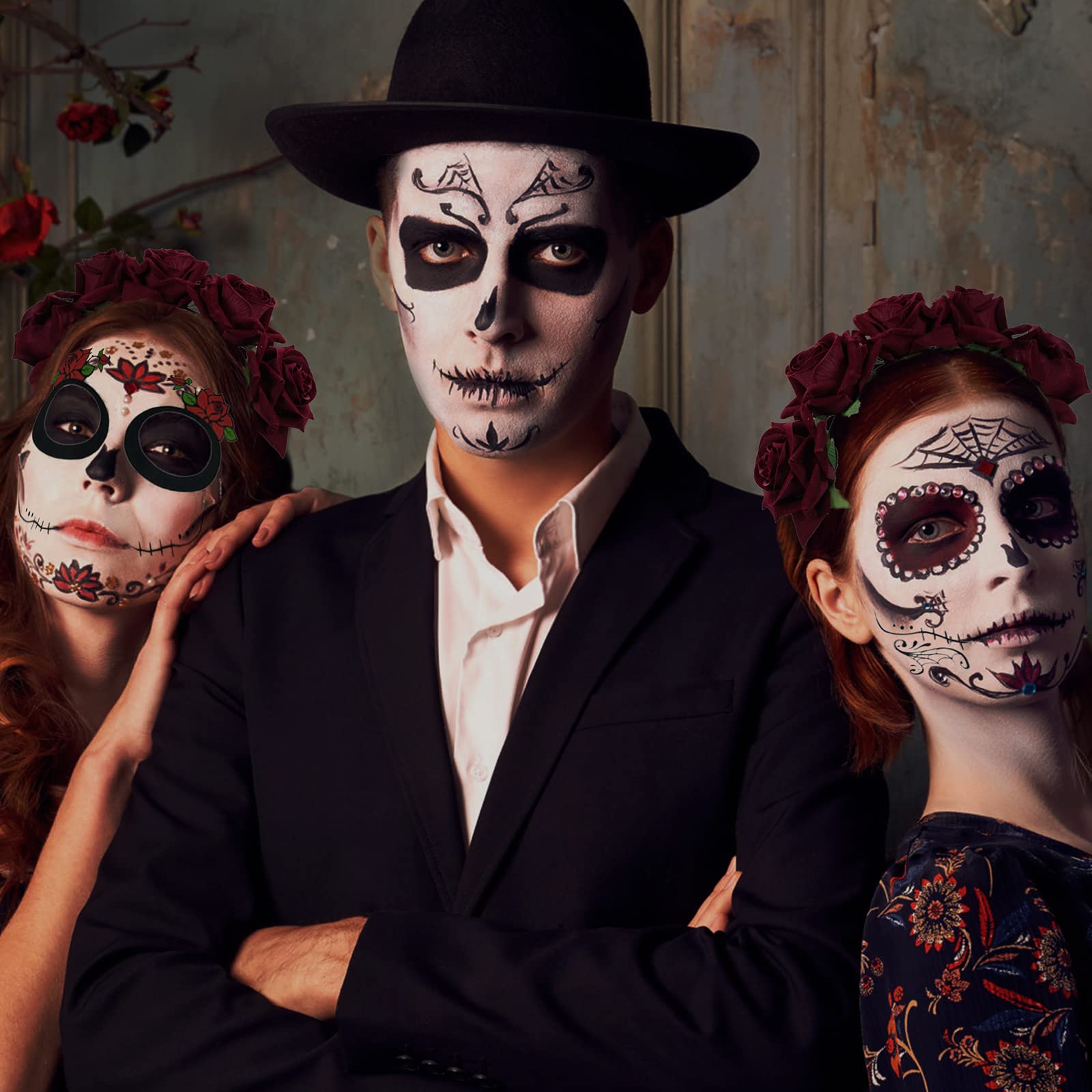 YHDDYG Bundle Giorno Dei Morti - Corona Floreale Rosa E Scialle Quadrato Messicano Ricamato - Accessori Per Festa Cinco De Mayo E Halloween