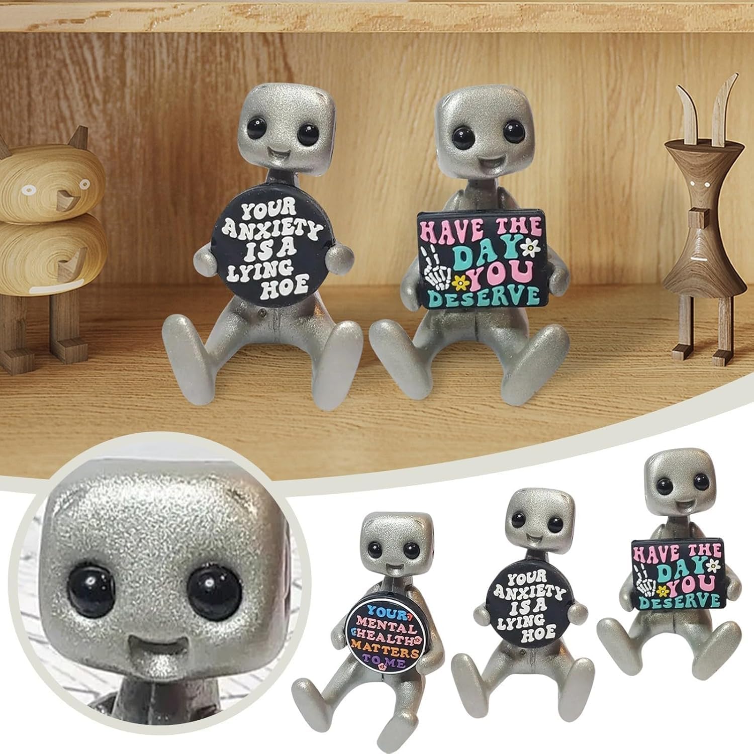 4 PCS Mental Health Gifts, Cute Robot Statue, Your Anxiety is A Lying H*e Robot Figurine Resin Art Toy Mental Health Kawaii Desk Buddy, Funny Motivational Desktop Ornament