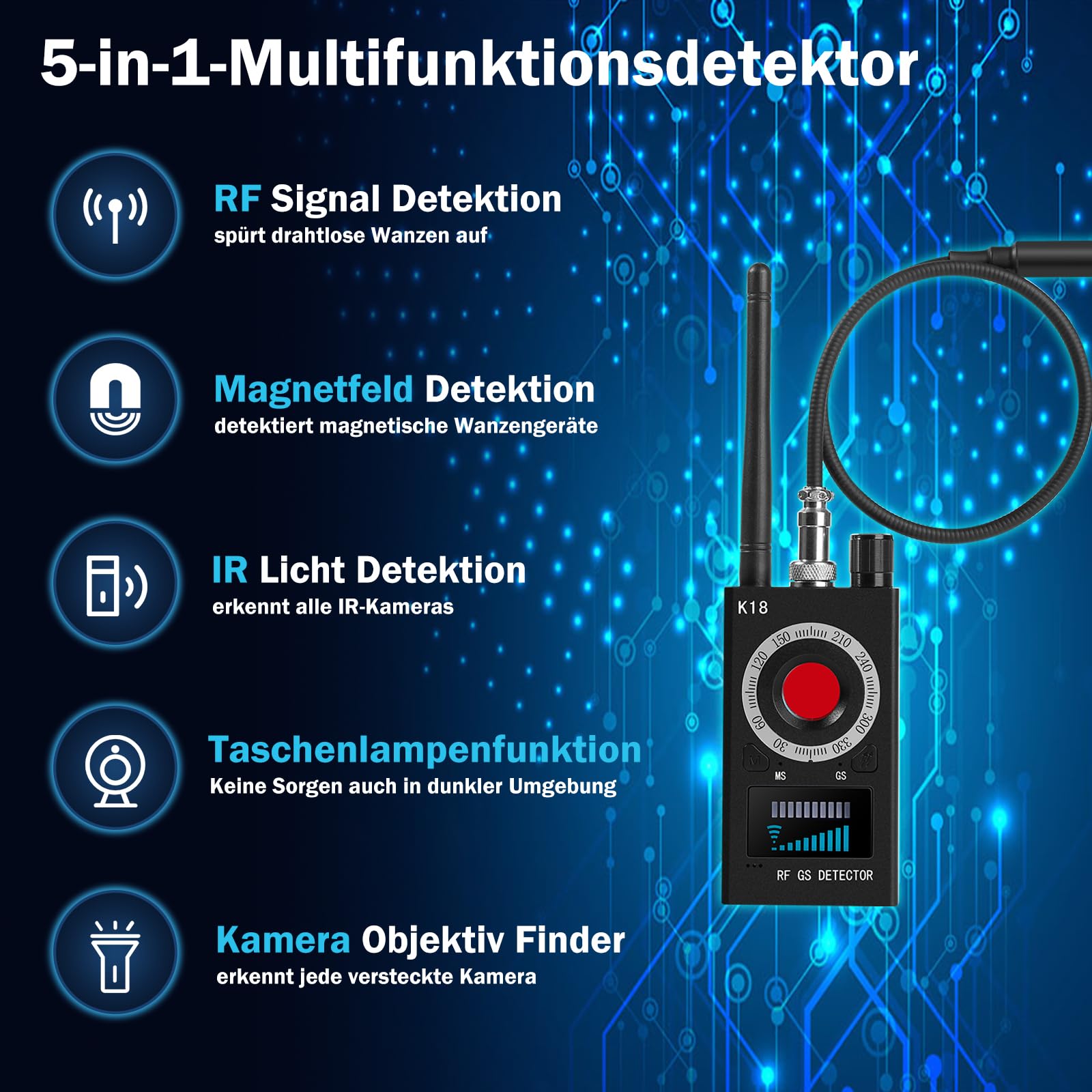 Wanzen Detektor, Versteckte Kamera Detektor Hidden Camera Finder Wanzenfinder Anti Spy Anti Aufnahme Detektor RF Wireless GSM Tracker Finder Abhörgeräte Funkkameras für Heim Büro Hotel