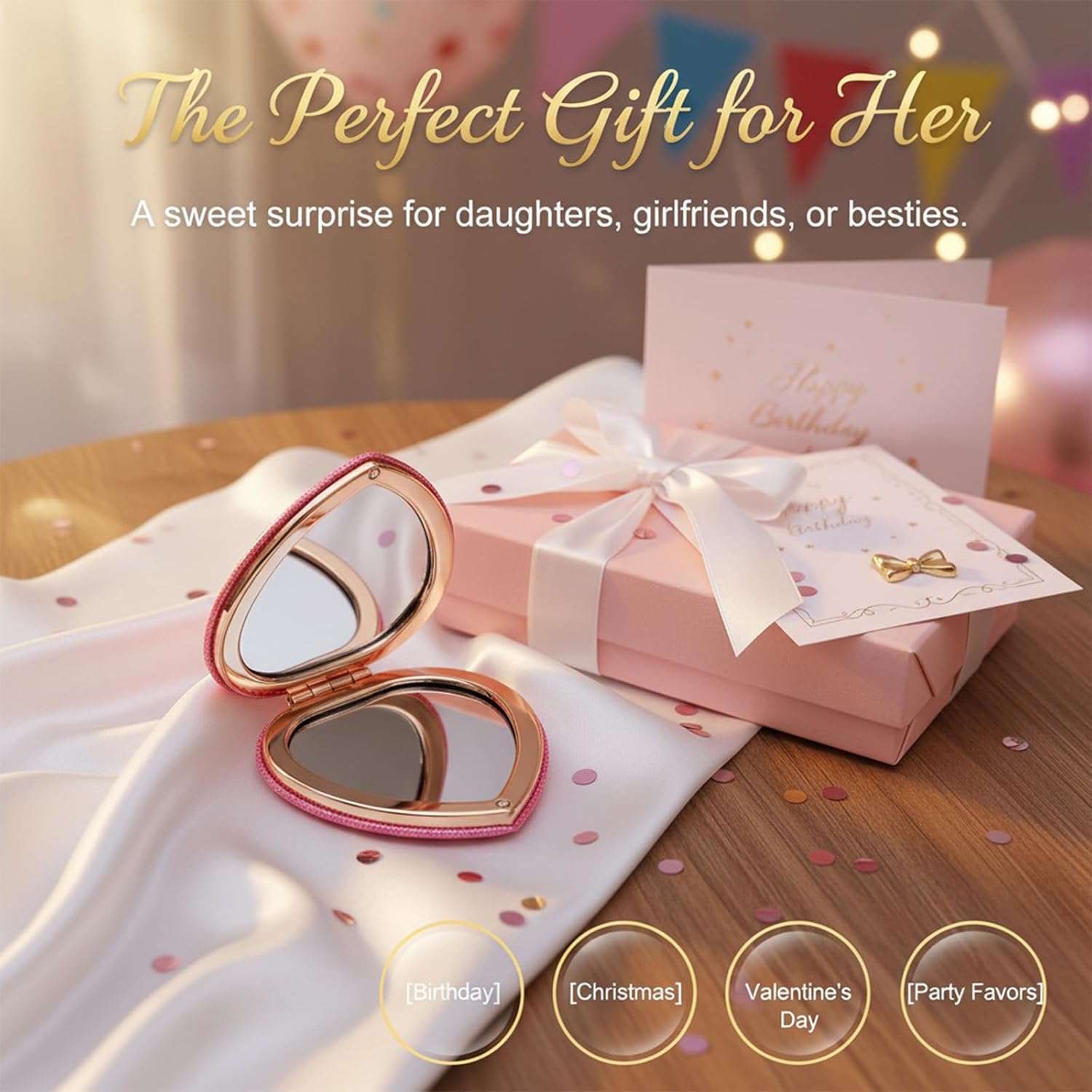 Cute Compact Mirror, Double-Sided Pink Compact Mirror, Cute Pocket Mirrors Heart for Women Gifts Makeup Tools