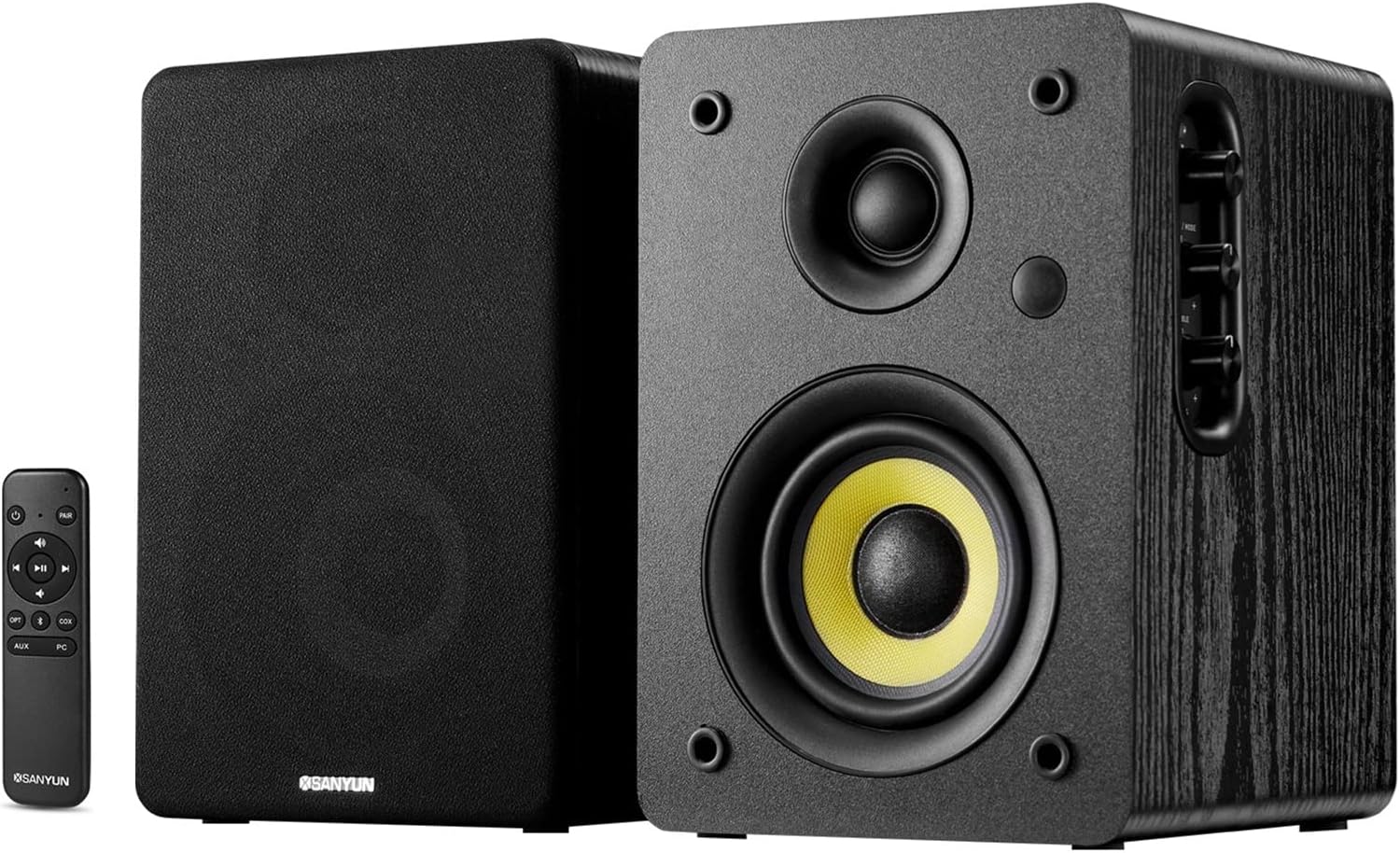 Sanyun SW206 4-Inch HiFi Bookshelf Speaker with Studio Mode, 80W Active Bluetooth 5.4/Optical Digital/Coaxial/TRS/Audio Input/24bit DAC USB Support for Turntable TV PC Desktop Use, MDF Cabinet, Remote