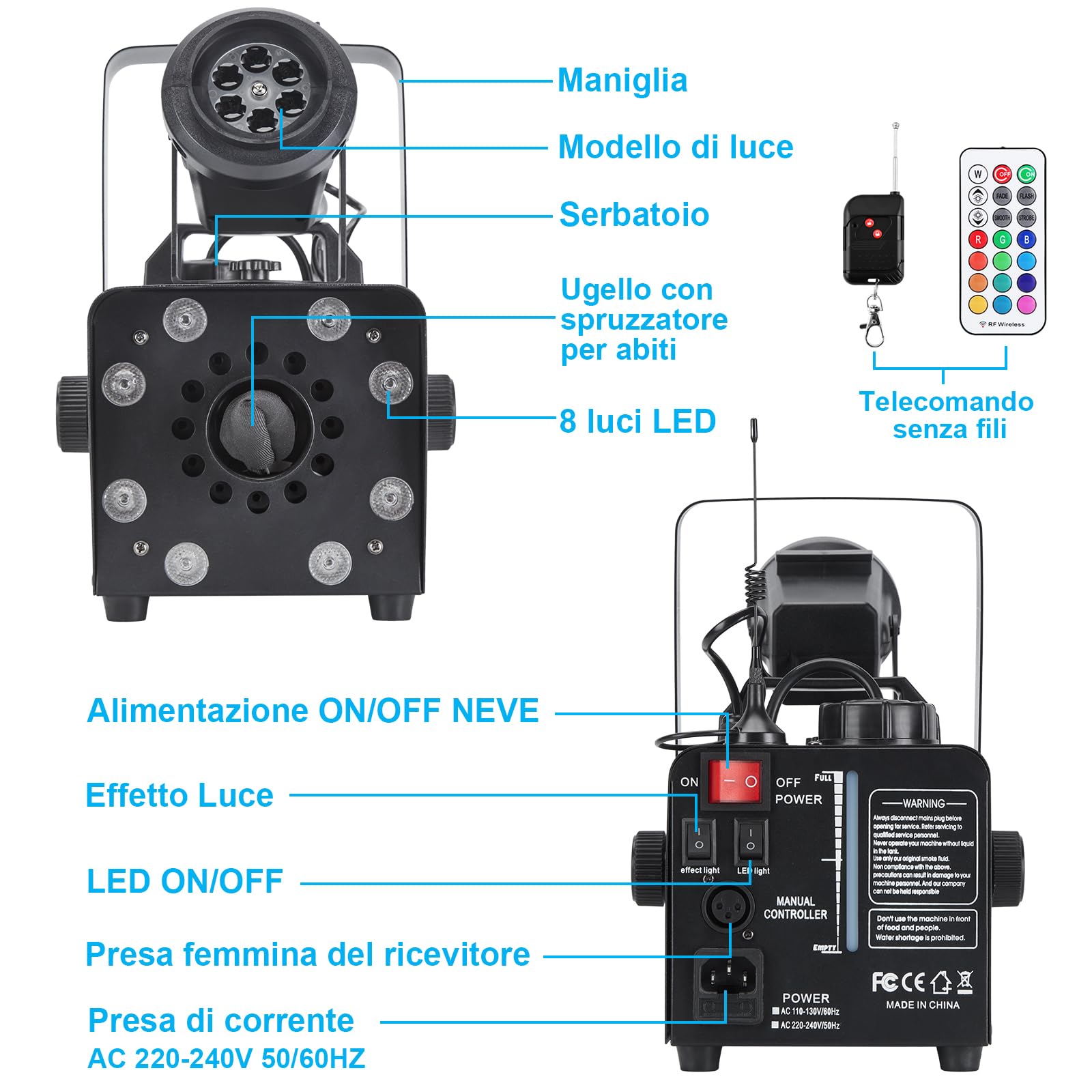 HAKUTA Macchina della neve 800W aggiornata con 8 luci LED RGB, proiezione LED e 2 telecomandi wireless, perfetta per Natale, Halloween, feste, matrimoni e DJ Stage