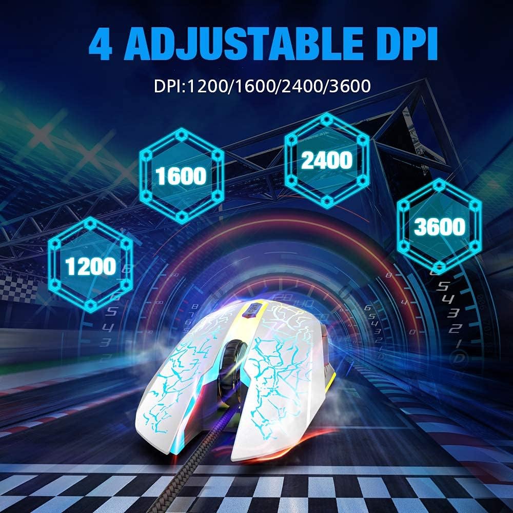 VersionTECH. Wired Gaming Mouse, Ergonomic USB Optical Mouse Mice with Chroma RGB Backlit, 1200 to 3600 DPI for Laptop PC Computer Games & Work – White (Renewed)