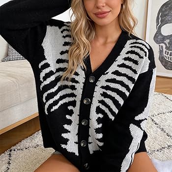 Womens Skull Graphic Cardigan Skeleton Sweater Goth Oversized