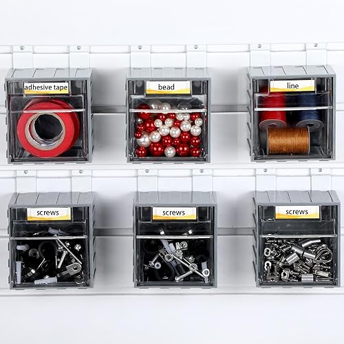Huwena Paquete de 6 cubos de pared con ganchos, cestas de pared de listones, cubos de pared con etiquetas, contenedores de montaje en pared,