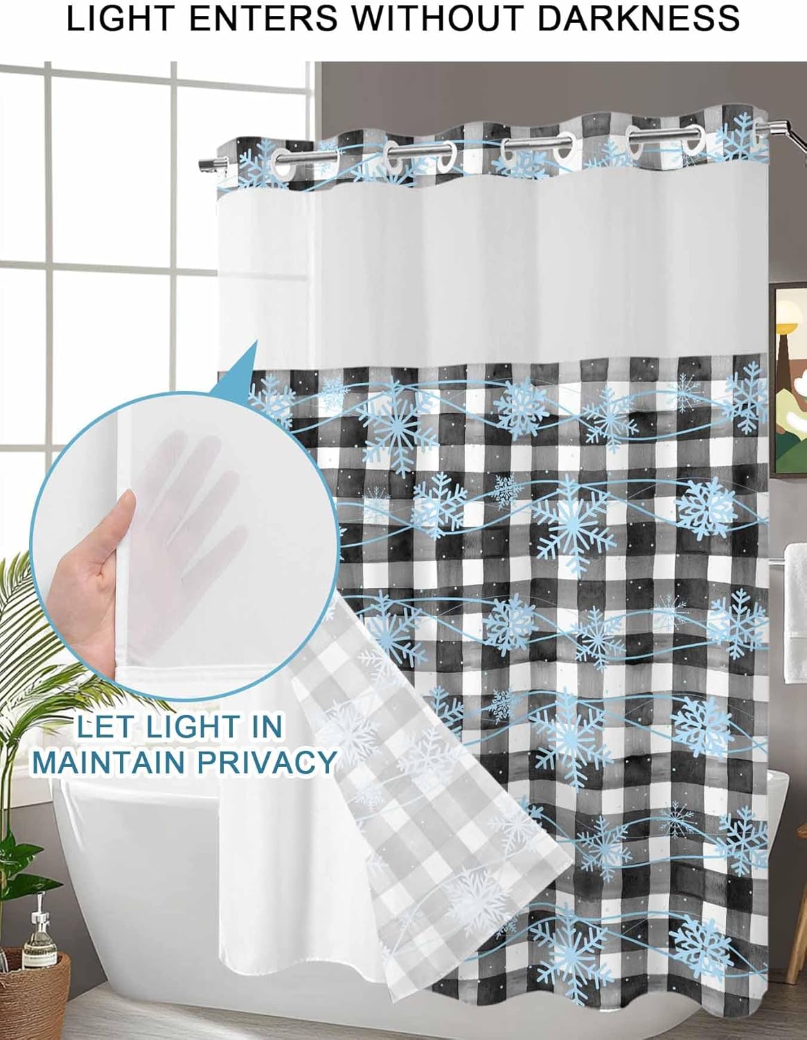Teamery No Hook Shower Curtain with Snap in Liner, Blue Winter Snowflakes Curtain Set See-Through Top Double Layers Fabric Shower Curtains Black White Plaid for Bathroom Decor, 36x72in