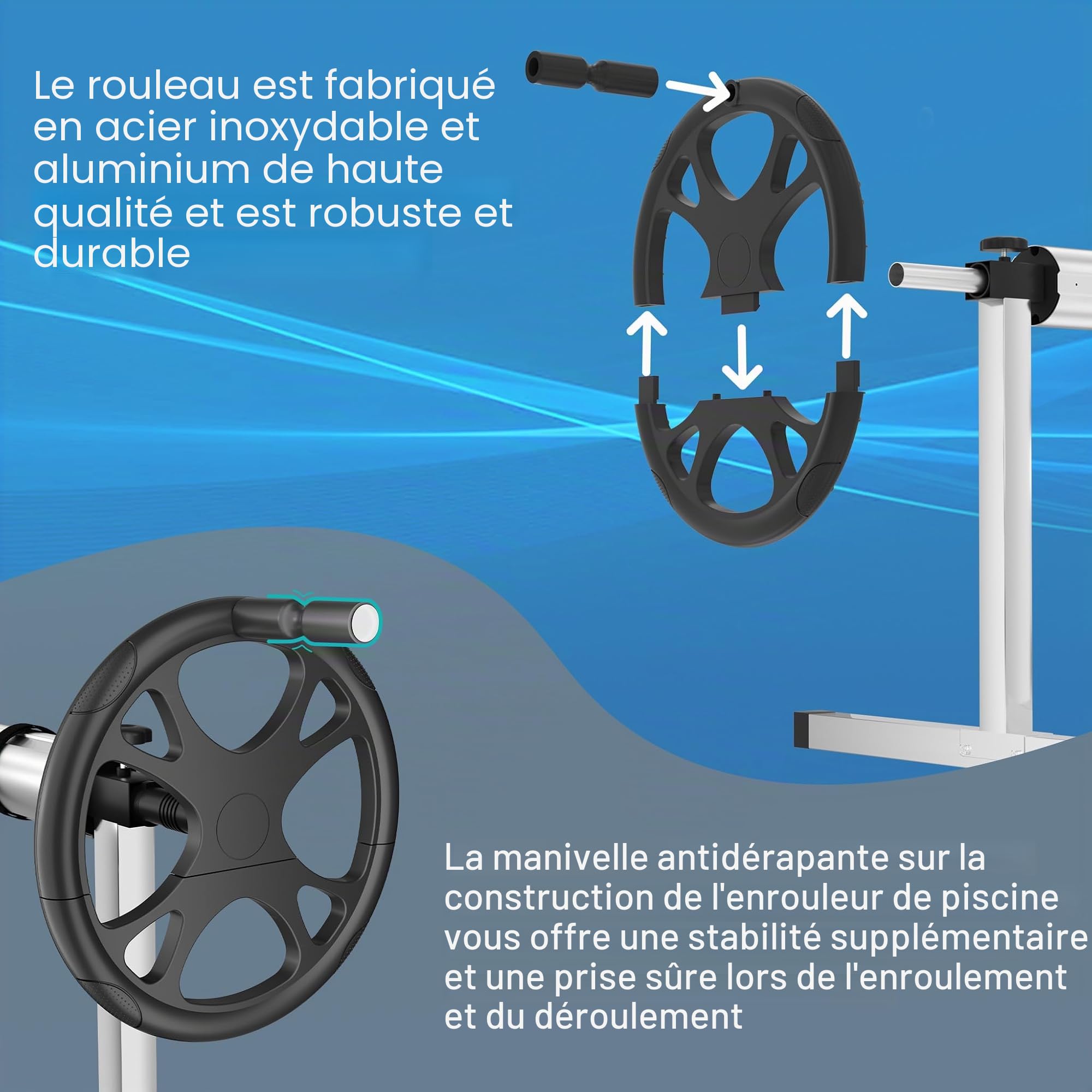 LARS360 Enrouleur de Couverture de Piscine en Aluminium et Acier Inoxydable | 3 m - 5,70 m | Système d'Enrouleurs de Couverture Solaire avec Fixation et roulettes