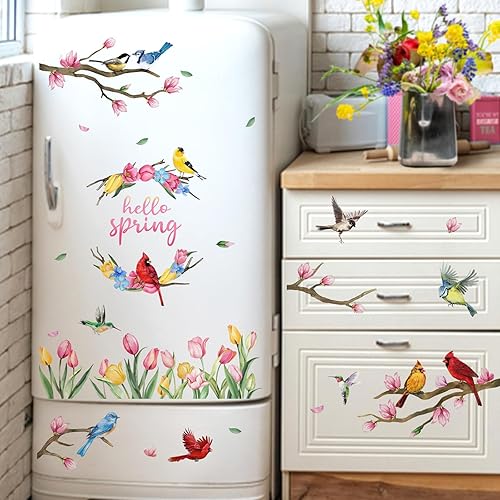 Miniatura 5 de Mfault Hello Spring Birds - Calcomanías de pared para ventana, 9 hojas, tulipán, flores, cardenal, colibrí, pájaro, pájaro, pájaro, decoración de