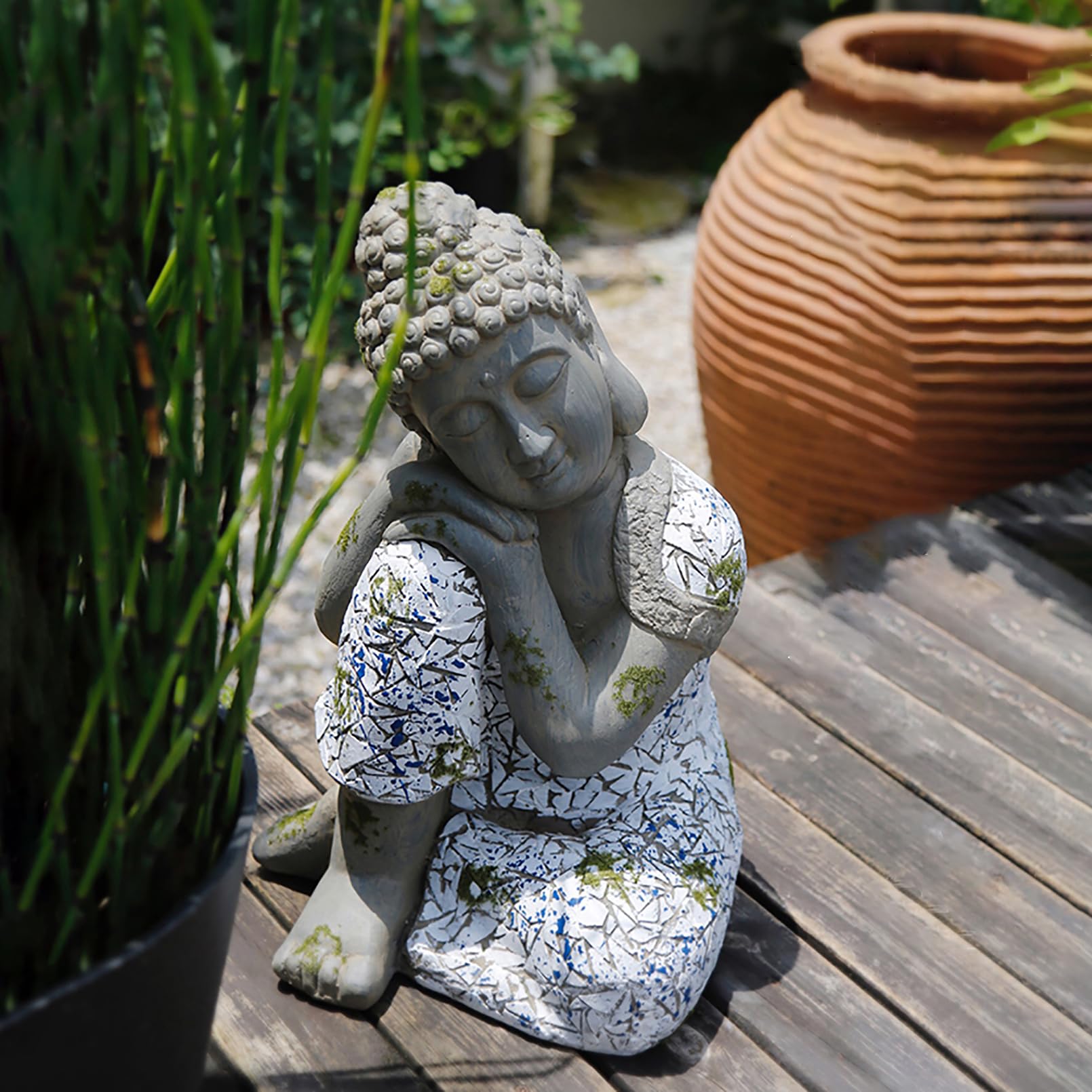 Buddha Figur groß 46 cm/4 kg Zen gartendeko für draußen wetterfest für Gartenliebhaber Geschenke,Magnesiumoxid,Grau
