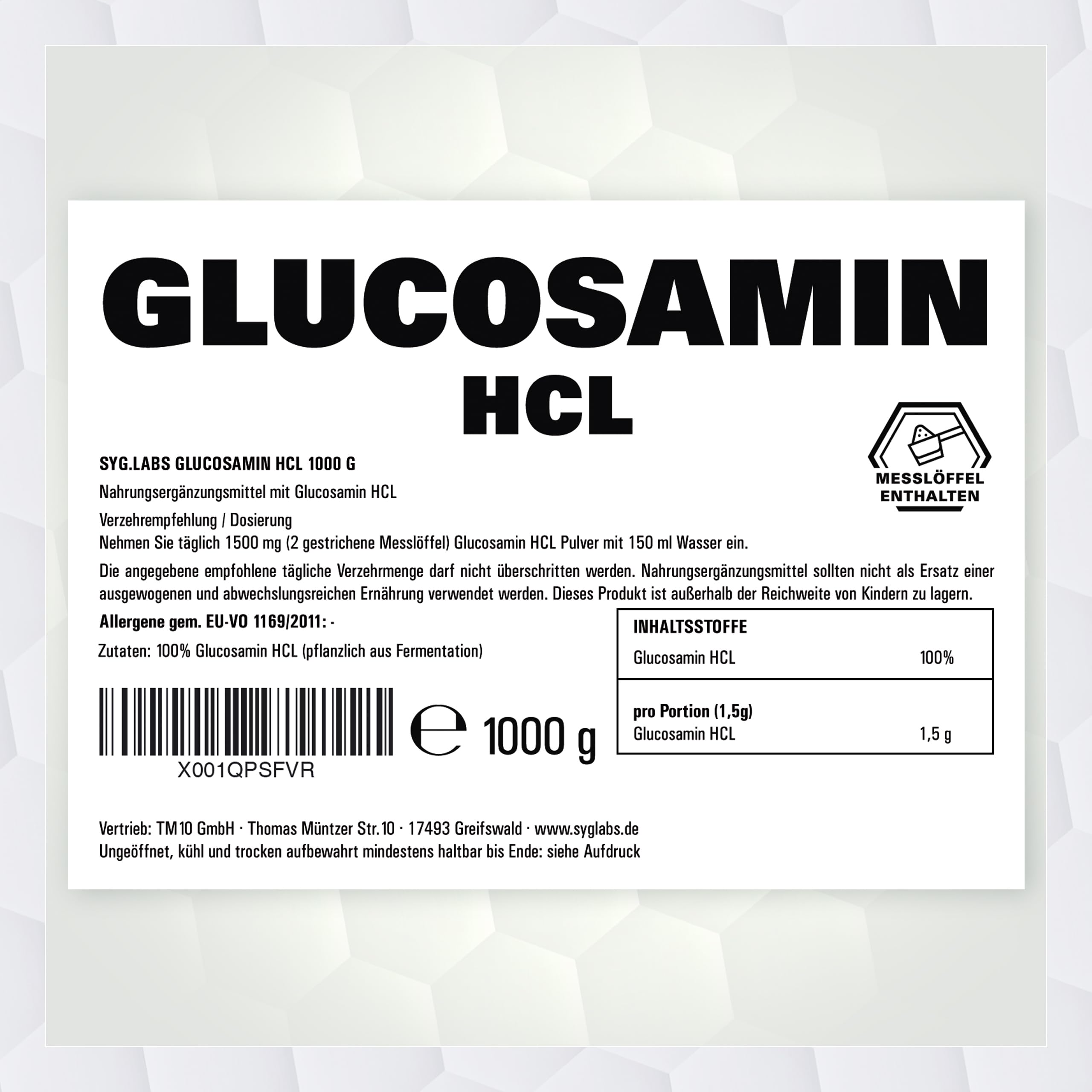 Glucosamin HCL - 1000g reines Glucosamin HCL Pulver - hochdosiert aus pflanzlicher Fermentation - 1kg vegan - Premium Qualität