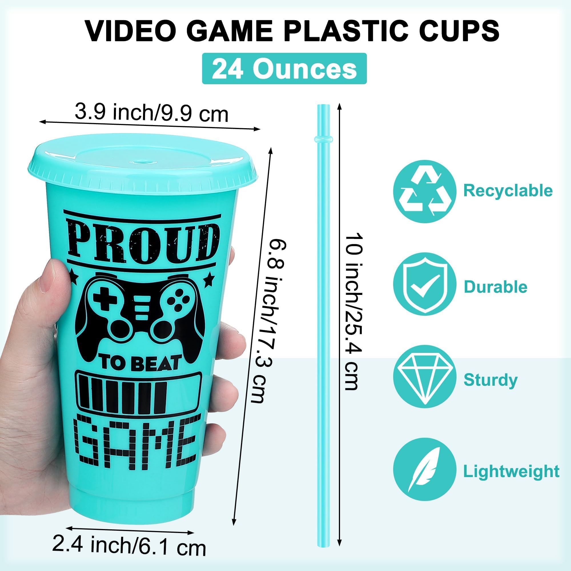 Kochorie 24 vasos de plástico para videojuegos de 24 onzas con tapas y popotes, vasos de videojuegos de colores mixtos para fiesta de cumpleaños, suministros de fiesta de videojuegos, vajilla
