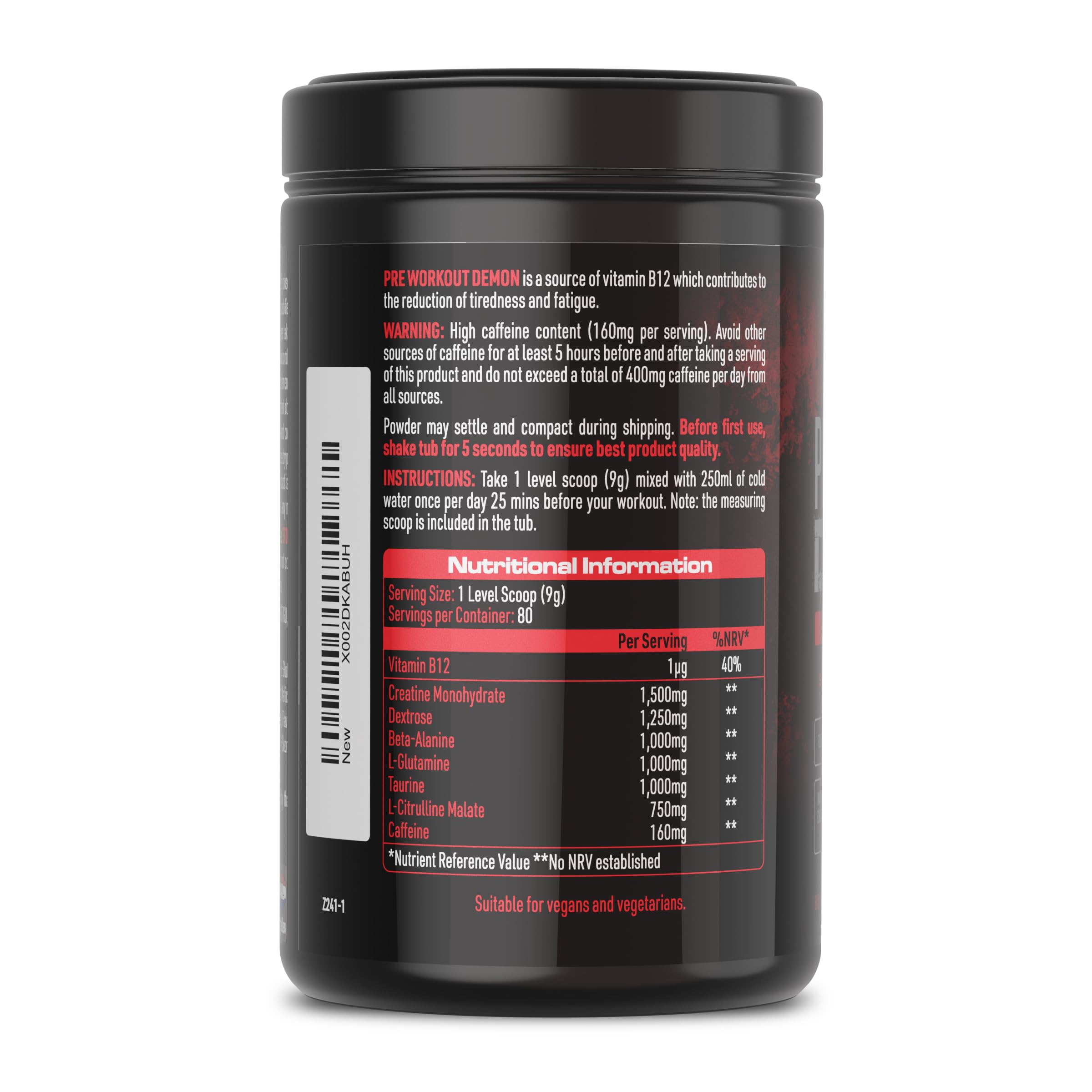 Pre Workout Demon - Pré-Entraînement Créatine (Fruits Rouges, 720g) | Booster pré-entraînement en poudre avec 160mg de caféine par dose, créatine, bêta-alanine, citrulline, glutamine et taurine
