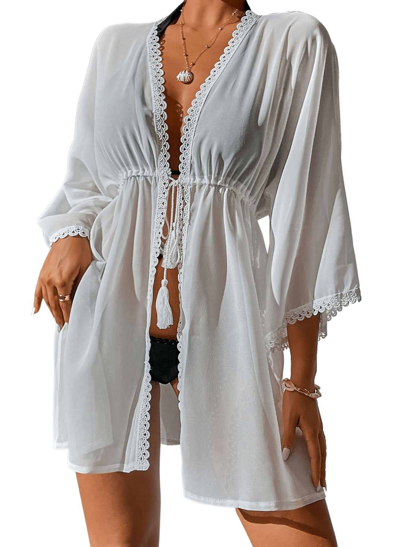 GORGLITTER Kimono para mujer, cárdigan de playa, holgado, corto, bohemio, bikini, funda de gran tamaño, ropa de playa ligera, poncho de playa con encaje