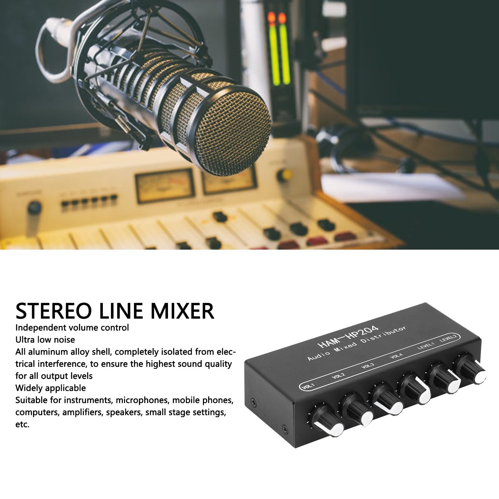 Distributore Mixer Stereo, Mixer Audio HiFi da 3,5 Mm a 6 Canali Amplificatore per Cuffie Switcher Splitter Mixer 2 Ingressi 4 Uscite Controller Audio per Cuffie Amplificatore