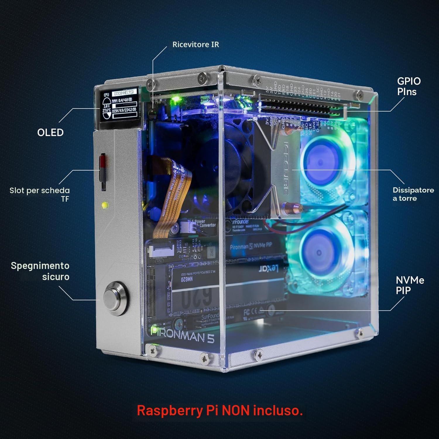 Pironman 5 case Mini PC NVMe M.2 SSD PCIe 2.0/3.0 per Raspberry Pi 5 Hailo-8L, agente AI OpenClaw, dissipatore tower + doppie ventole RGB, modulo OLED 0,96", spegnimento sicuro, HDMI, effetto RGB