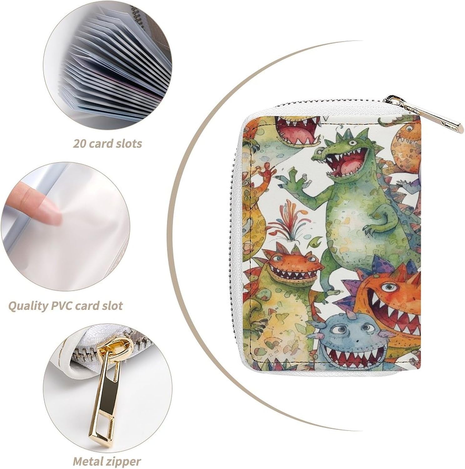 Leather Card Organizer Case Card Wallet Credit Card Holder Chaotic Colorful Monsters Printed Zipper Card Cases Holder for Women Men