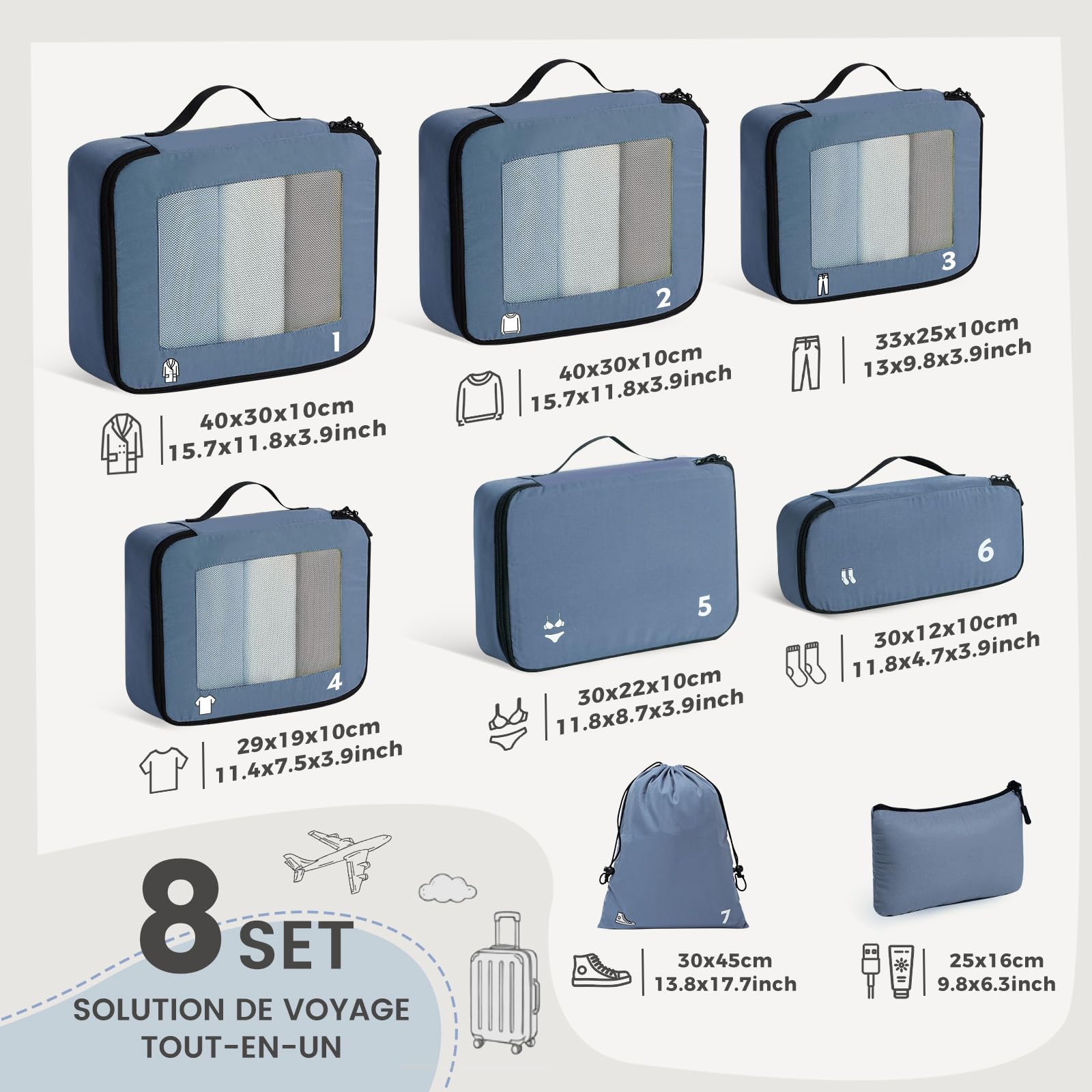 8 pièces Organisateur Valise Rangement Valise Packing Cubes, Sac Rangement Valise Voyage pour les Sacs à Dos de Bagages Blue