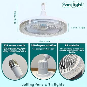 Ceiling Fan with Light, 10in E27 Ceiling Fan Light with Remote | 3000K-6500K Dimmable Fan Lights Ceiling for Bedroom,3 Speeds Light Fan Ceiling,Quiet LED Ceiling Fan with Lights [Energy Class F]
