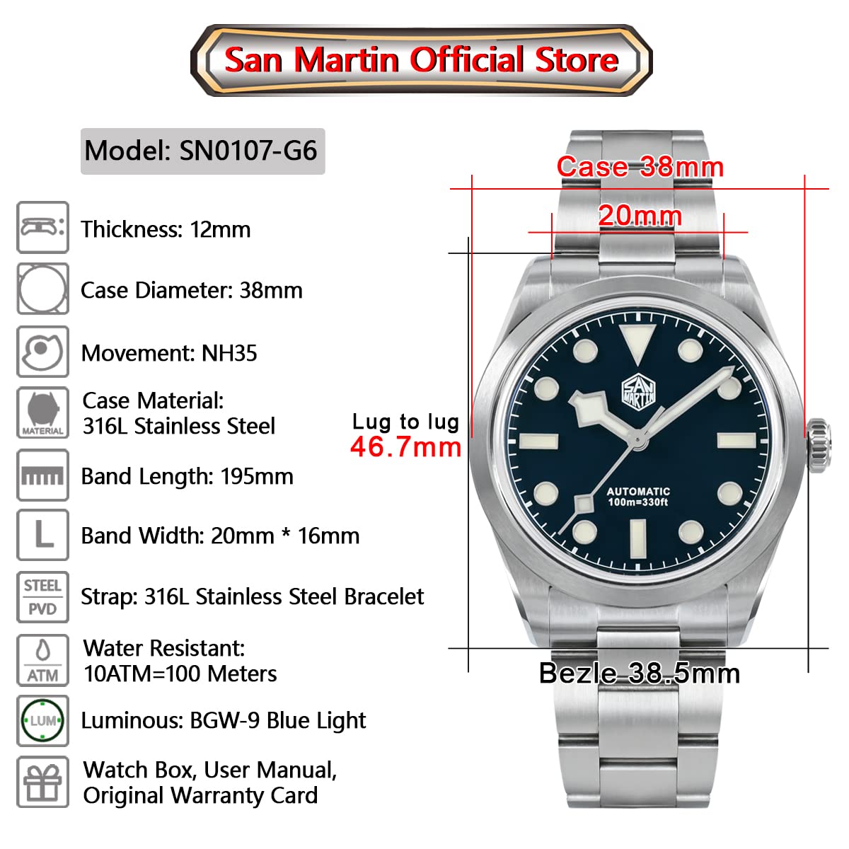 San Martin 38 mm SN0107G męski zegarek sportowy w stylu vintage emaliowana tarcza płatek śniegu ręce NH35 luksusowy eksploruj automatyczny mechaniczny