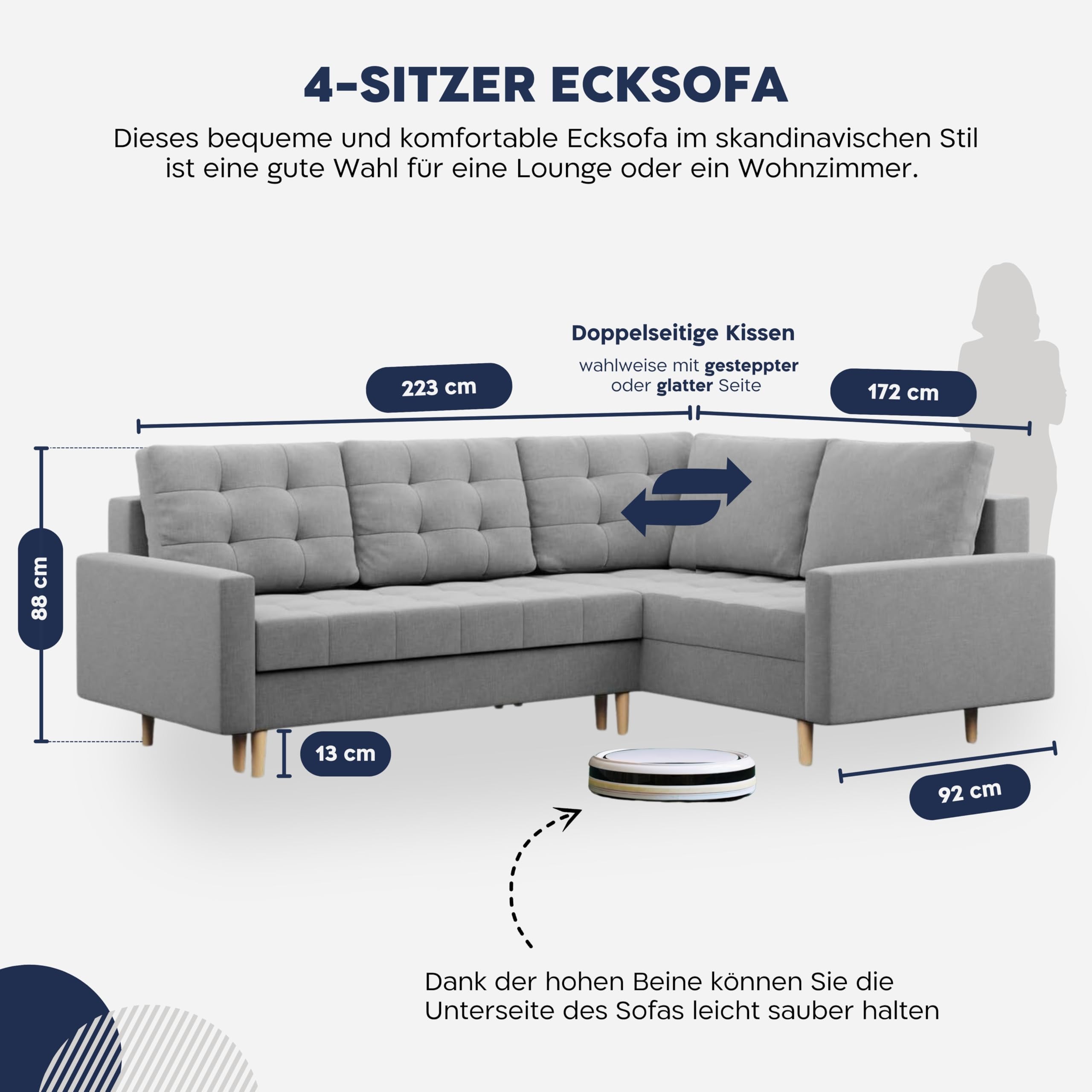 Mebligo - Ecksofa mit Schlaffunktion und Bettkasten Elma, Eckcouch mit Ottomane Links, Sofa L Form (BxTxH) 223 x 172 x 88 cm, Couch Wohnzimmer, Ecke Sofa, Grau (Lux 32)