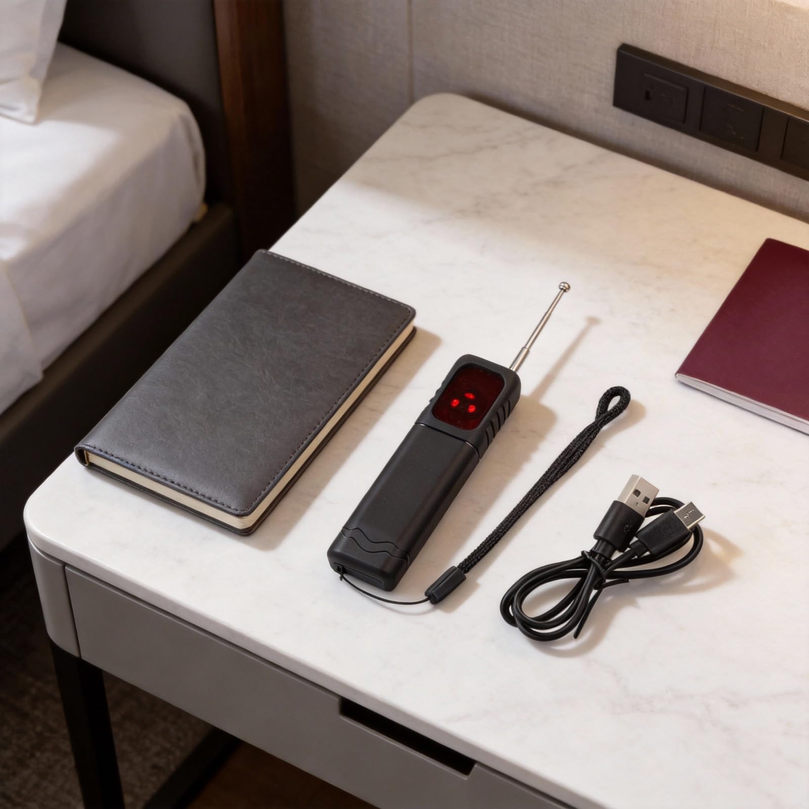 Détecteur de caméra portable et scanner de signal sans fil avec gamme de fréquences de 1 MHz à 6,5 GHz, sensibilité réglable à 5 niveaux, distance de détection de 10 cm à 6 m, design ABS