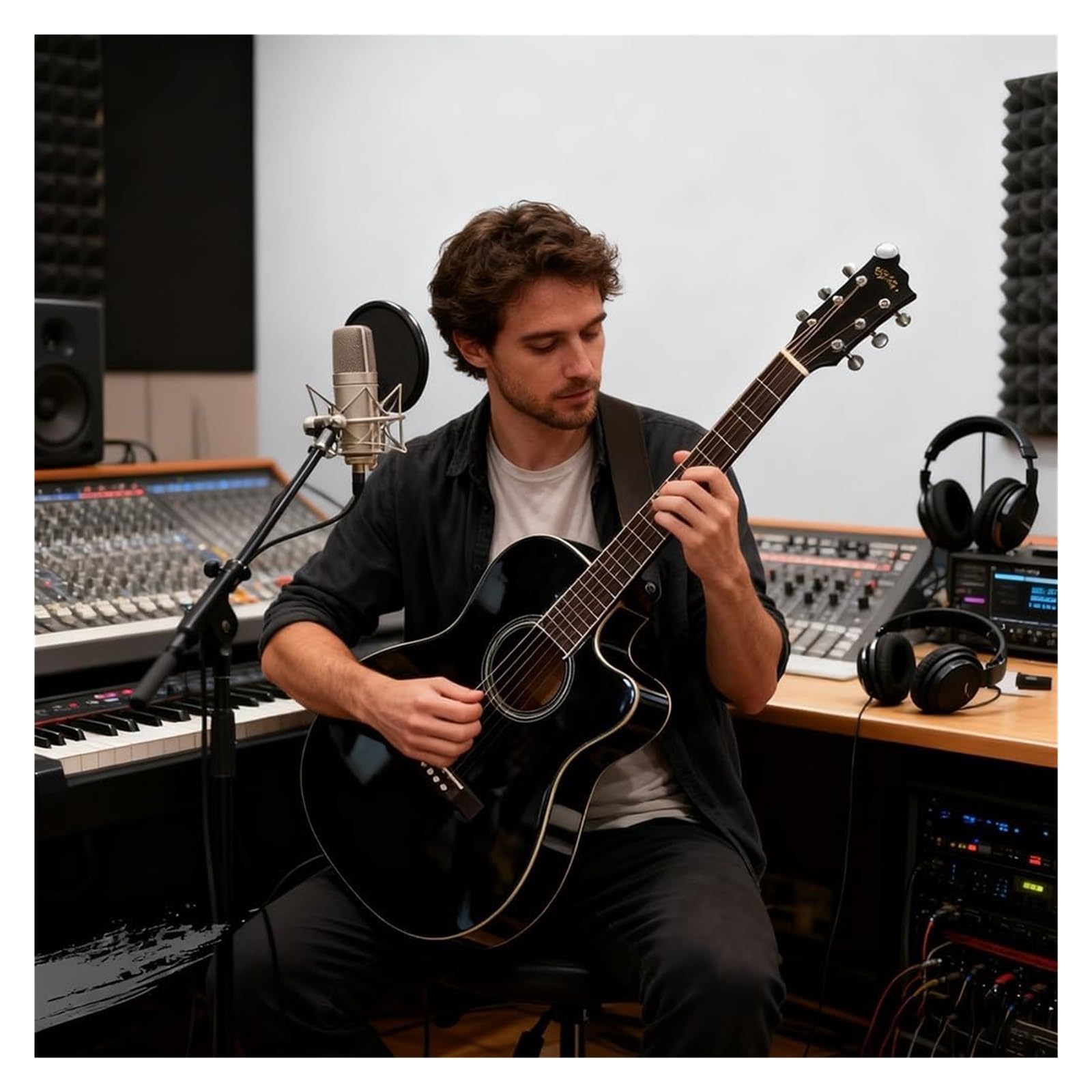 Chitarra classica lucida, kit chitarra acustica per principianti, adulti e adolescenti, con custodia, accordatore, tracolla, corde, plettri (nero)