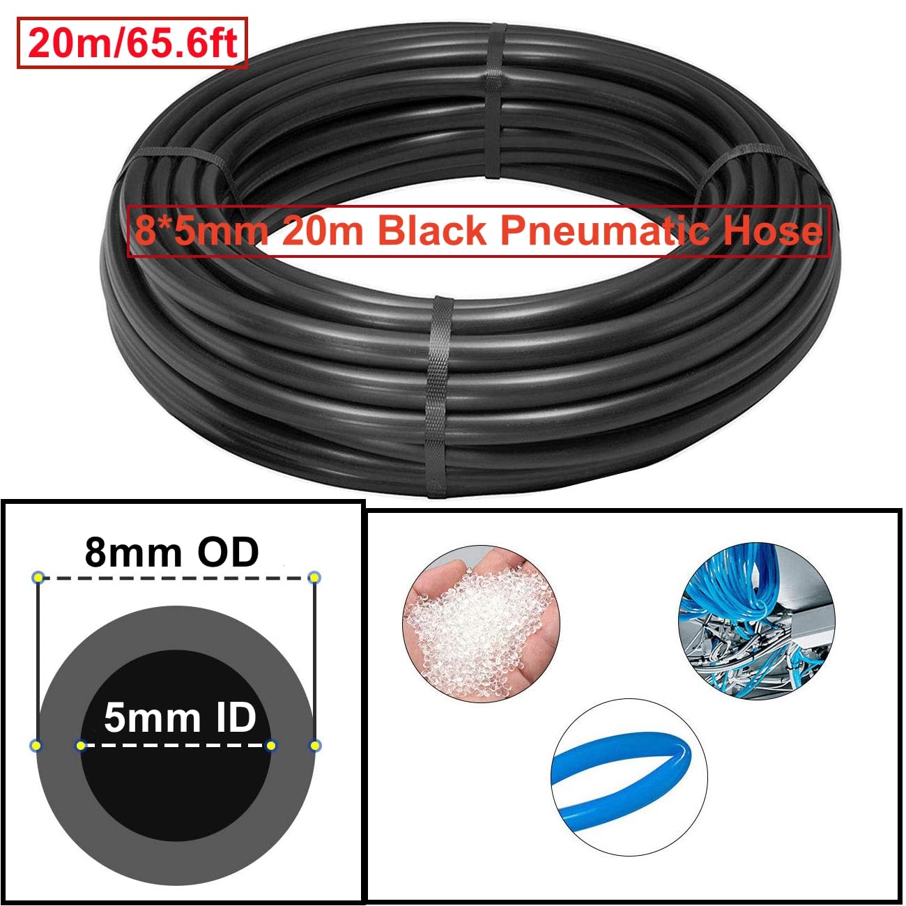 20Metri Tubo Pneumatico per Aria Compressa Nero 8mm Diametro Esterno5mm Diametro Interno,poliuretano PU tubo flessibile aria Kit,Aria Pneumatica Tubo Adatto Per il di vari Utensili Pneumatici