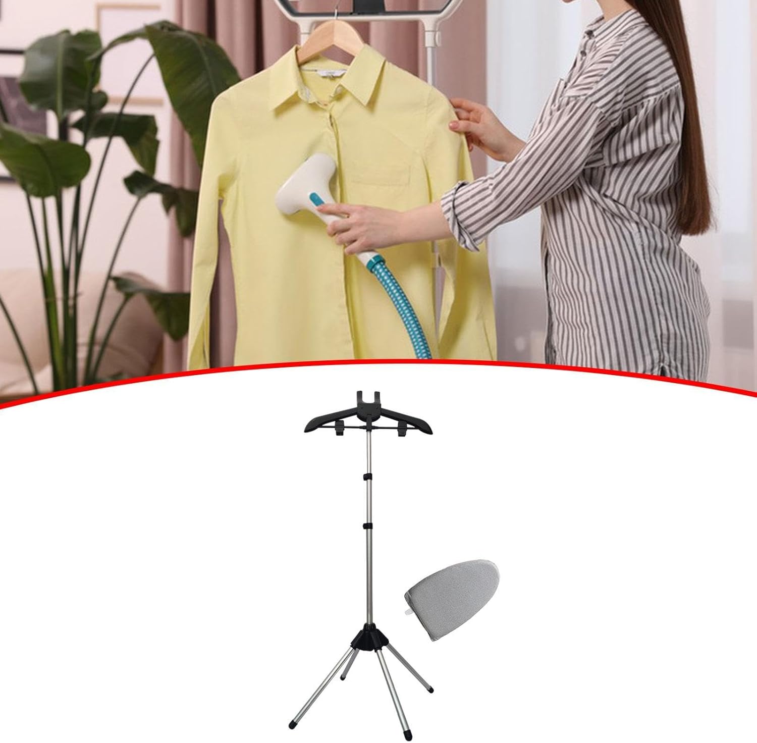 Handheld Garment Steamer Rack Pants Hanger with Ironing Glove Adjustable Aluminum Alloy Steam Iron Stand for Overcoat Clothes, Black