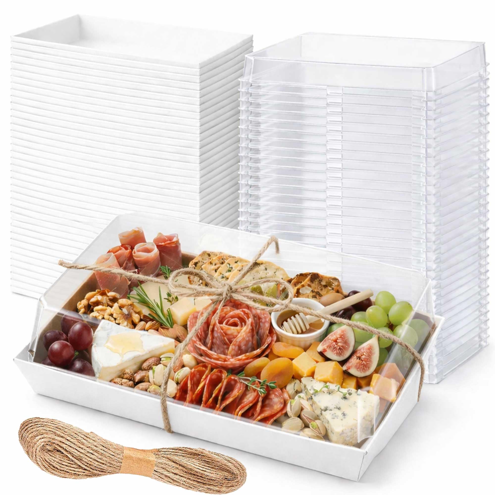 50 Pack 10x6in Charcuterie Board Boxes with Clear Lids, Paper Containers