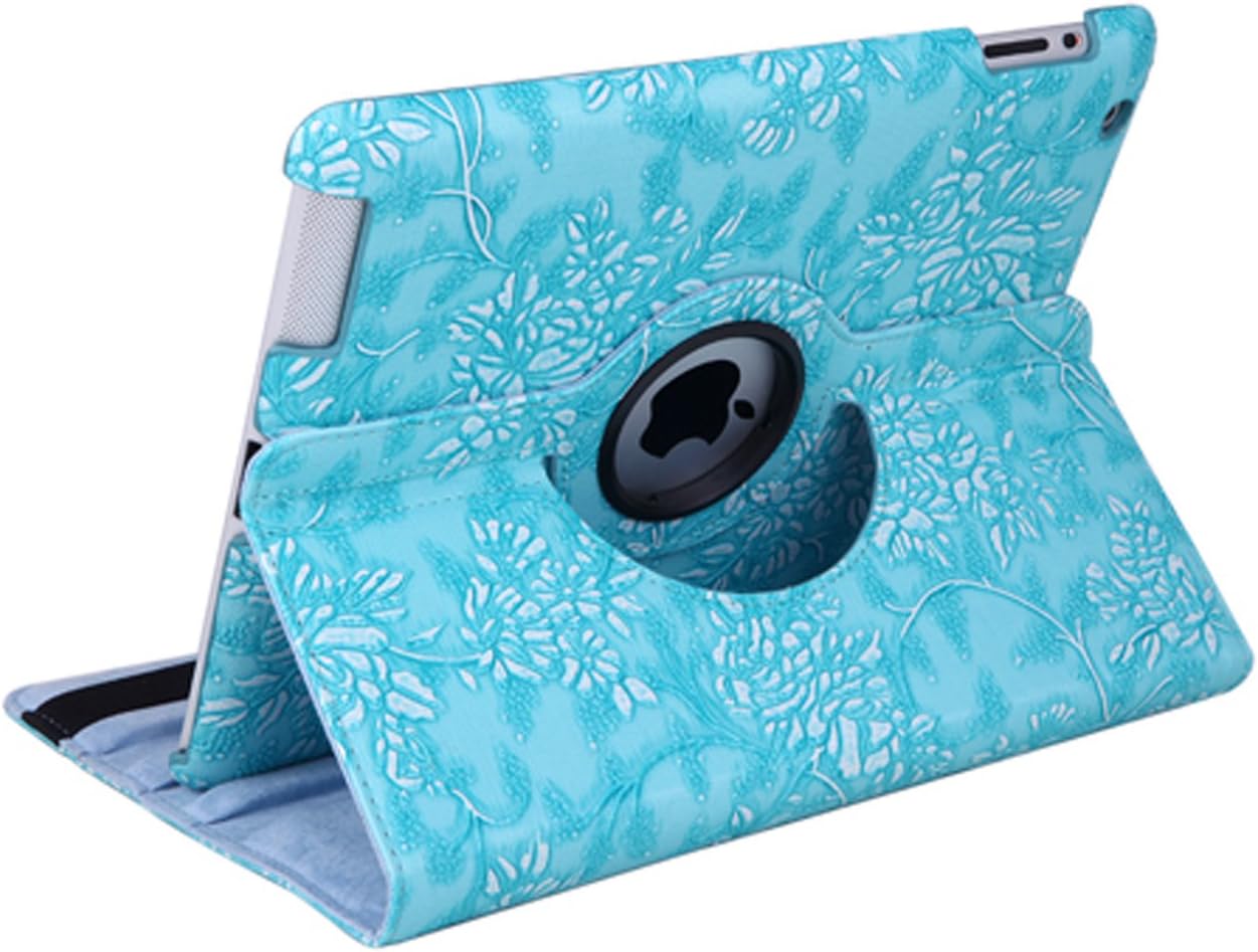 HDE iPad 2/3/4 Tablet Case Rotating Flip Stand Folding Magnetic Cover Designer for Apple iPad 2/3/4 (Blue Flower)