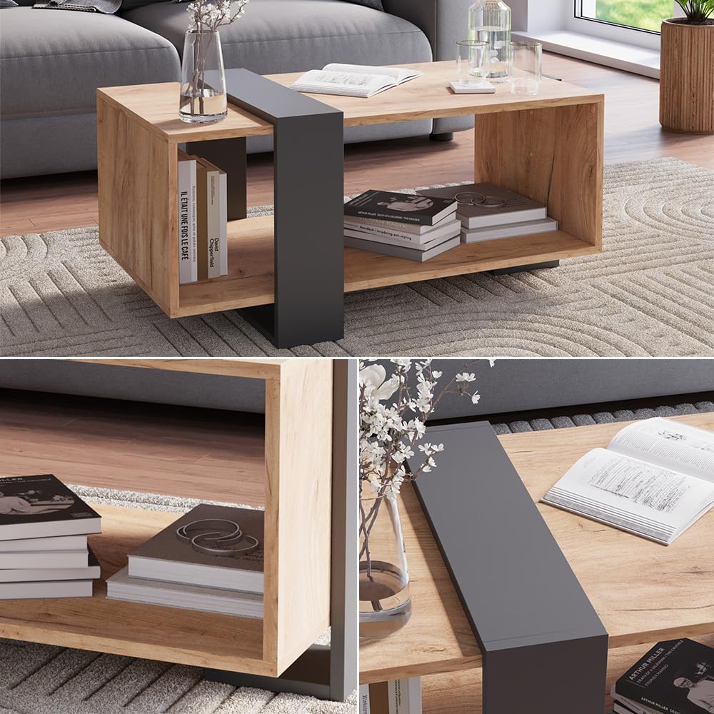 Vicco Tavolino Aven, Antracite/Rovere dorato, 91.5 x 52 cm, con ripiano aggiuntivo per libri e riviste
