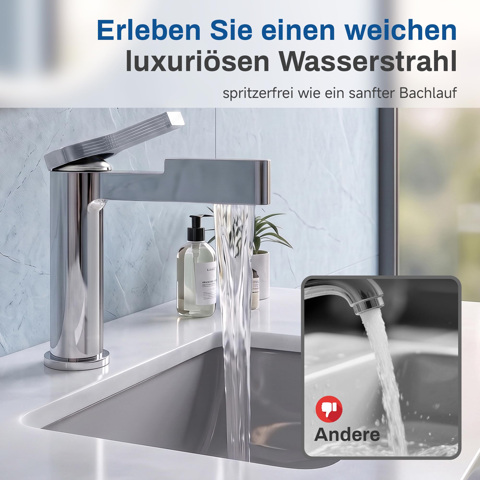 Chrom Wasserhahn Bad, Waschtischarmatur mit Verdeckten Griffen, Wasser Sparen Armatur Badezimmer mit Keramikkartusche und Ungiftigem EPDM-Innenschlauch, für Europäische Waschbecken