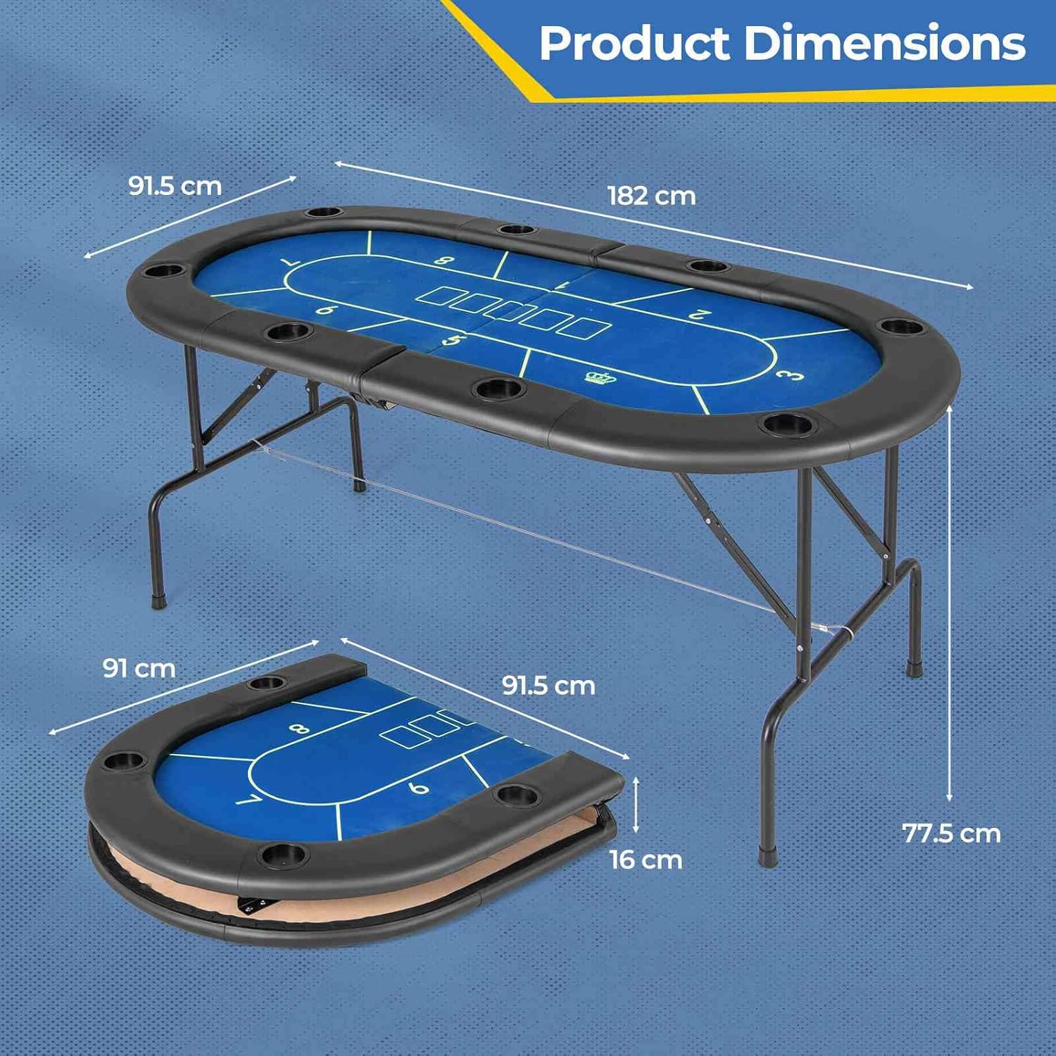 Costway Foldable Poker Table, 8 Players Card Board Game Table w/ 8 Cup Holders, Casino-Grade Felt Surface, Portable Oval Leisure Table for Blackjack Texas Hold’em Casino (Black+Blue)