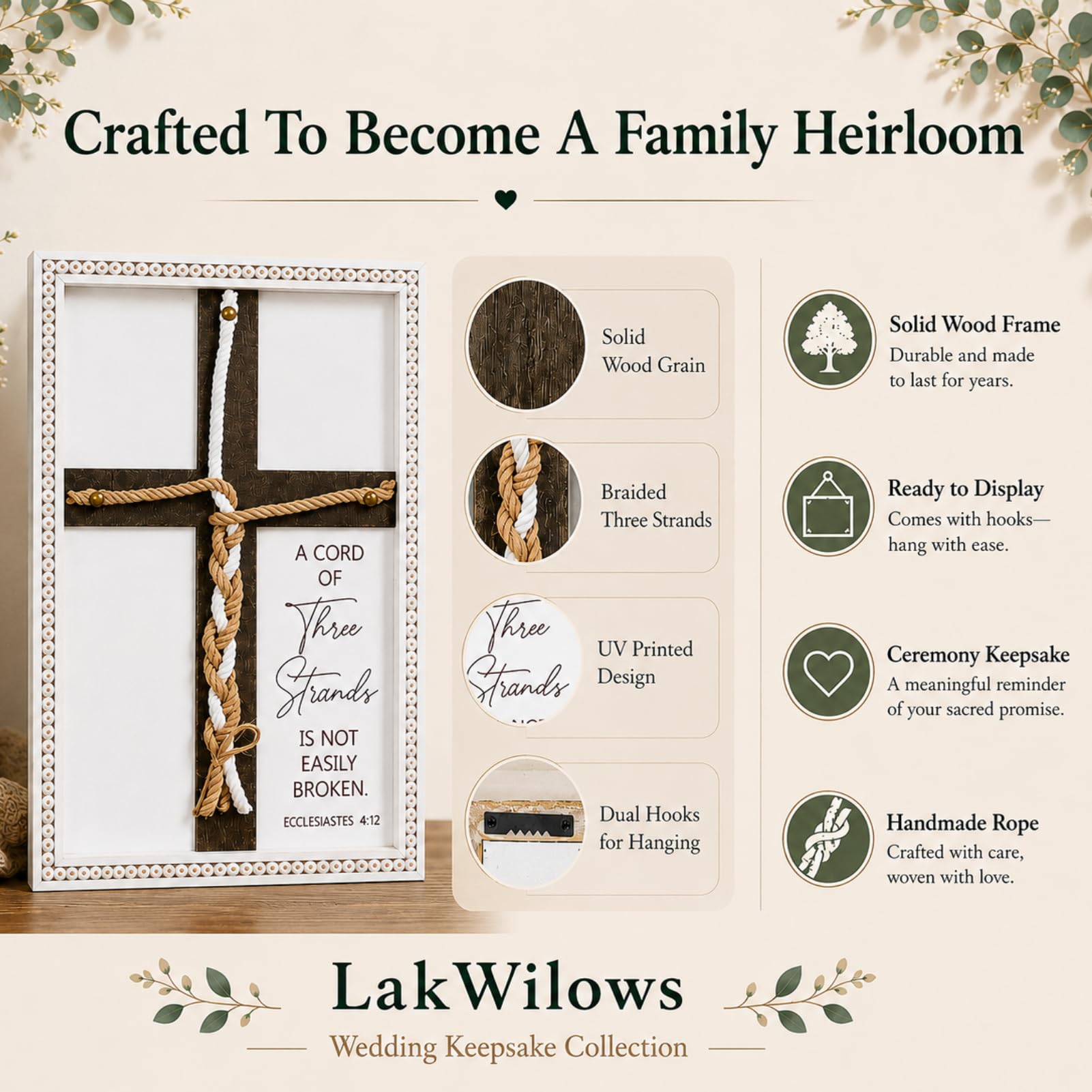 LakWilows Letrero de tres hebras para boda, cruz de madera para ceremonia y recepción, un cordón de tres hebras no se rompe fácilmente, cordón de 15 x 10 pulgadas