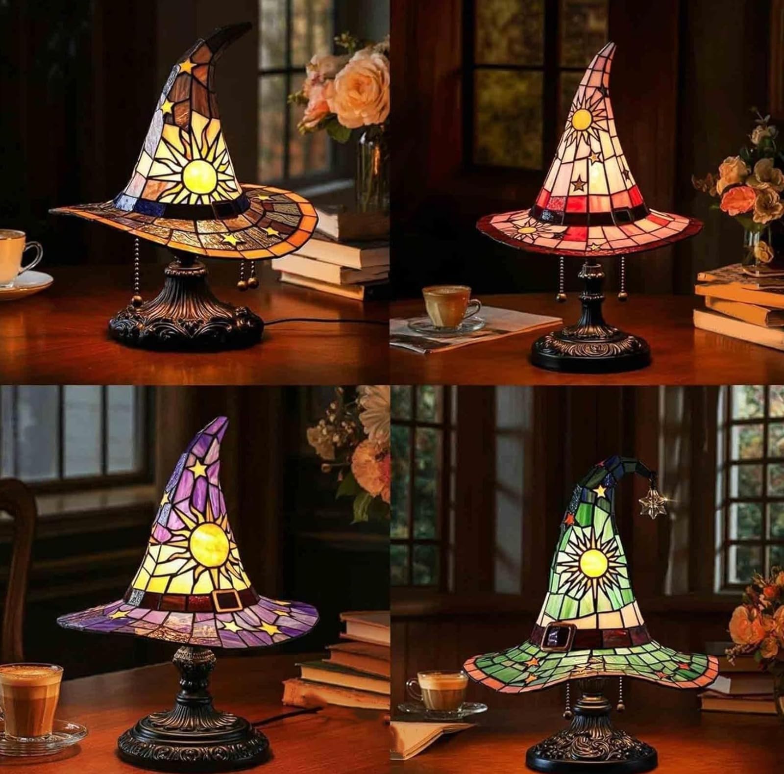 Lámparas de sombrero de bruja, luces de sombrero de bruja hechas a mano, lámpara de sombrero de bruja de vitral, lámpara de resina retro para decoración de dormitorio, para decoración de interiores, f