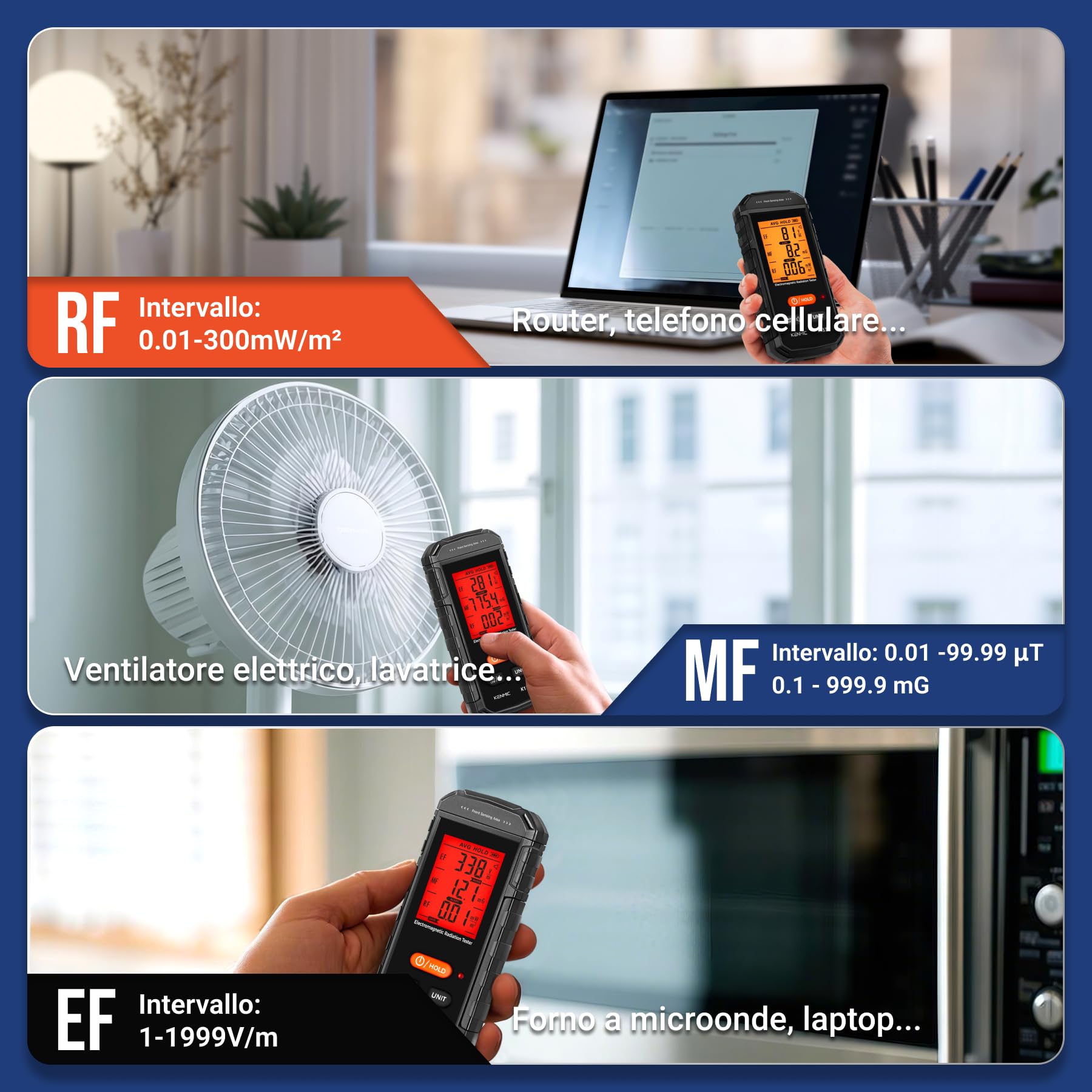 Misuratore EMF, 3-in-1 Rilevatore EMF, Rilevatore di Radiazioni di Campo Elettromagnetico Portatile per Segnale EF, RF, MF, WiFi, Adatto per Ispezioni EMF di Casa, Ufficio e Caccia ai Fantasmi