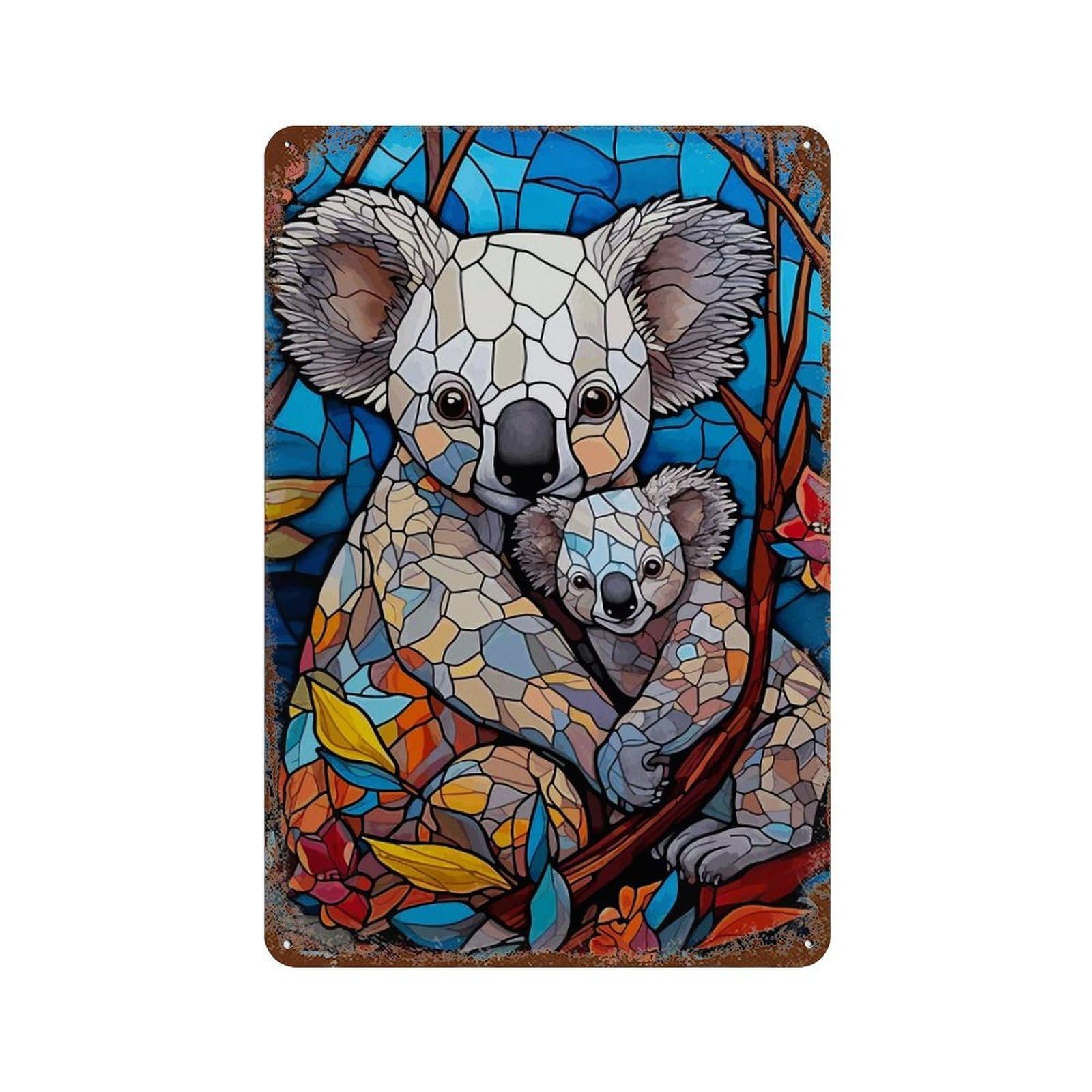 Koala Family in Stained Glass 11.8"x7.9" Rustic Tin Plaque, Retro Wall Decor for Garage, Bar And Workshop Decor