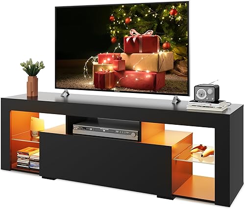 WLIVE Soporte de TV con luces LED y 2 cajones de almacenamiento grandes, centro de entretenimiento moderno para televisores de 32/43/50/55/60