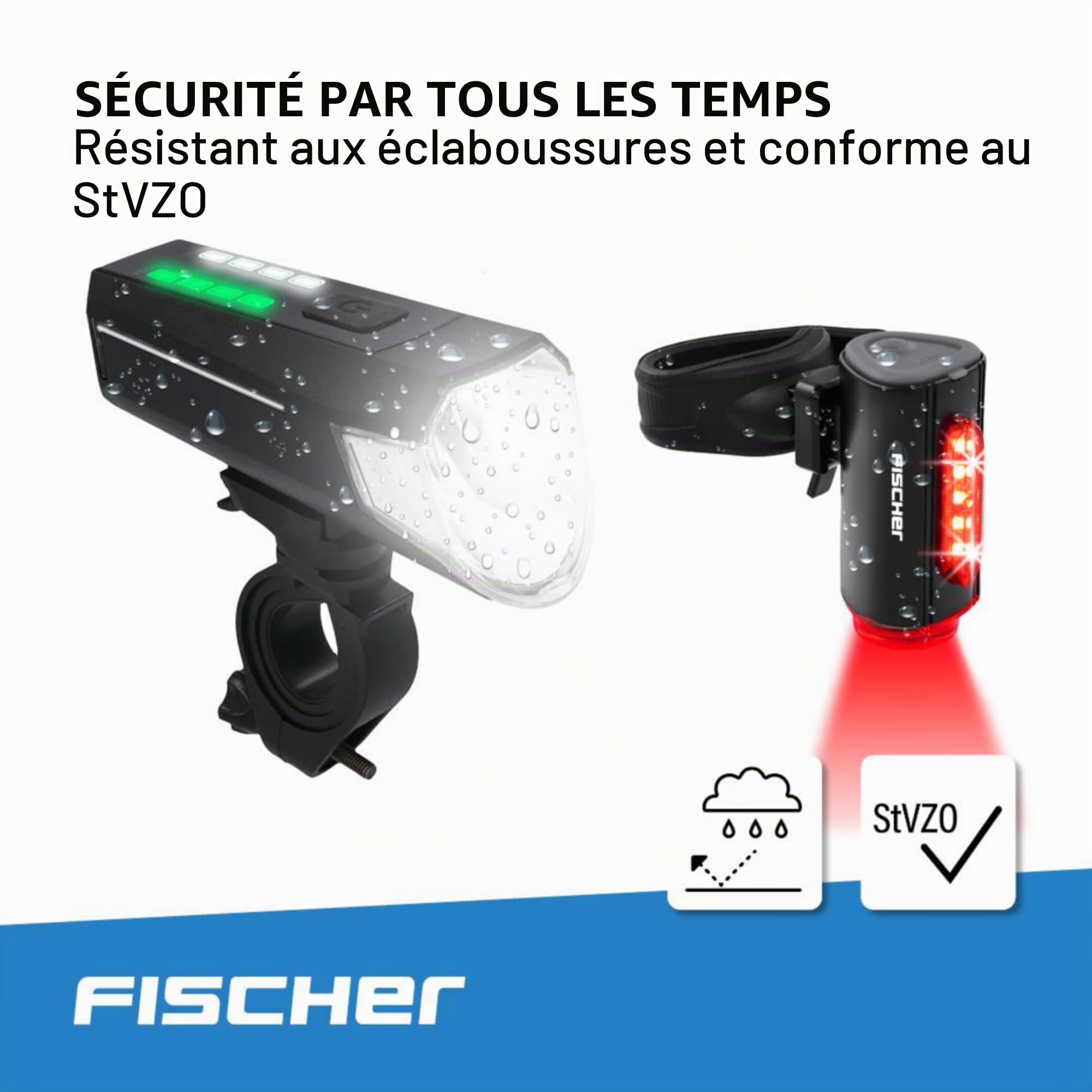 Fischer Kit d'éclairage LED pour vélo - Kit d'éclairage de vélo - Rechargeable par USB - Feu Avant et arrière - Éclairage de Sol