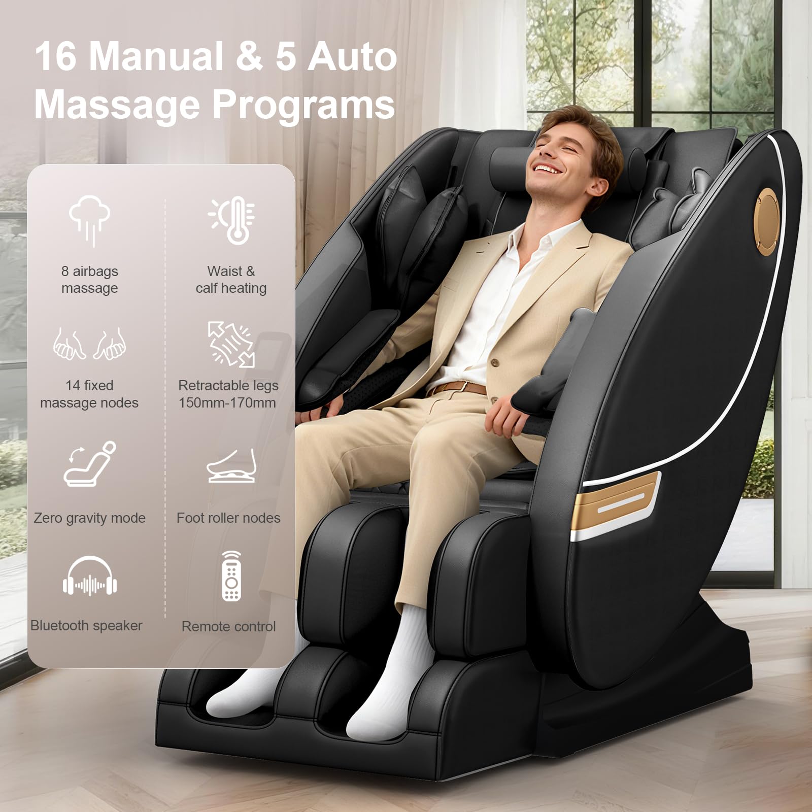 Sillón de Masaje con 14 Puntos de Masaje y 8 airbags, calefacción Lumbar y para Las piernas, Altavoz Bluetooth, Masaje con Rodillos para los pies, sillón de Masaje eléctrico