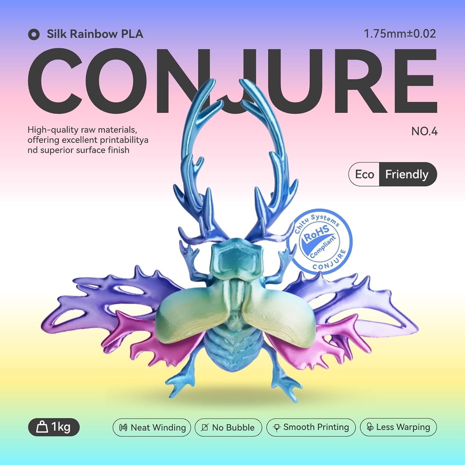 Conjure Silk Rainbow PLA 3D Printer Filament, Multicolor Rainbow PLA Red Blue Purple Yellow Green Mini Filament 1.75mm 3D Printing Filament 2KG/4.4LB - Image 2