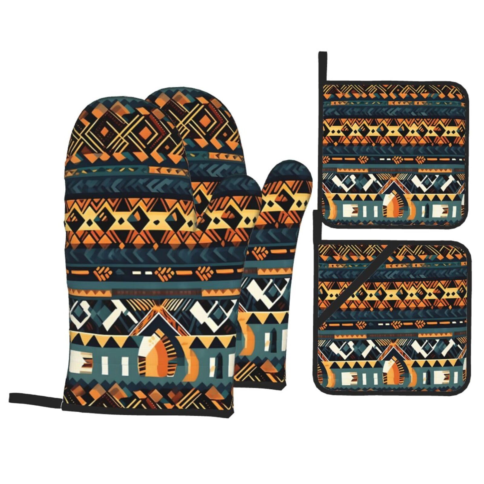 WHJSHOP African Tribal Ethnic Texture Prints Oven Mitts & Pot Holders Set - Waterproof Kitchen Layers & Heat Resistant - Durable Covers for Safe Cooking & Easy Cleanup