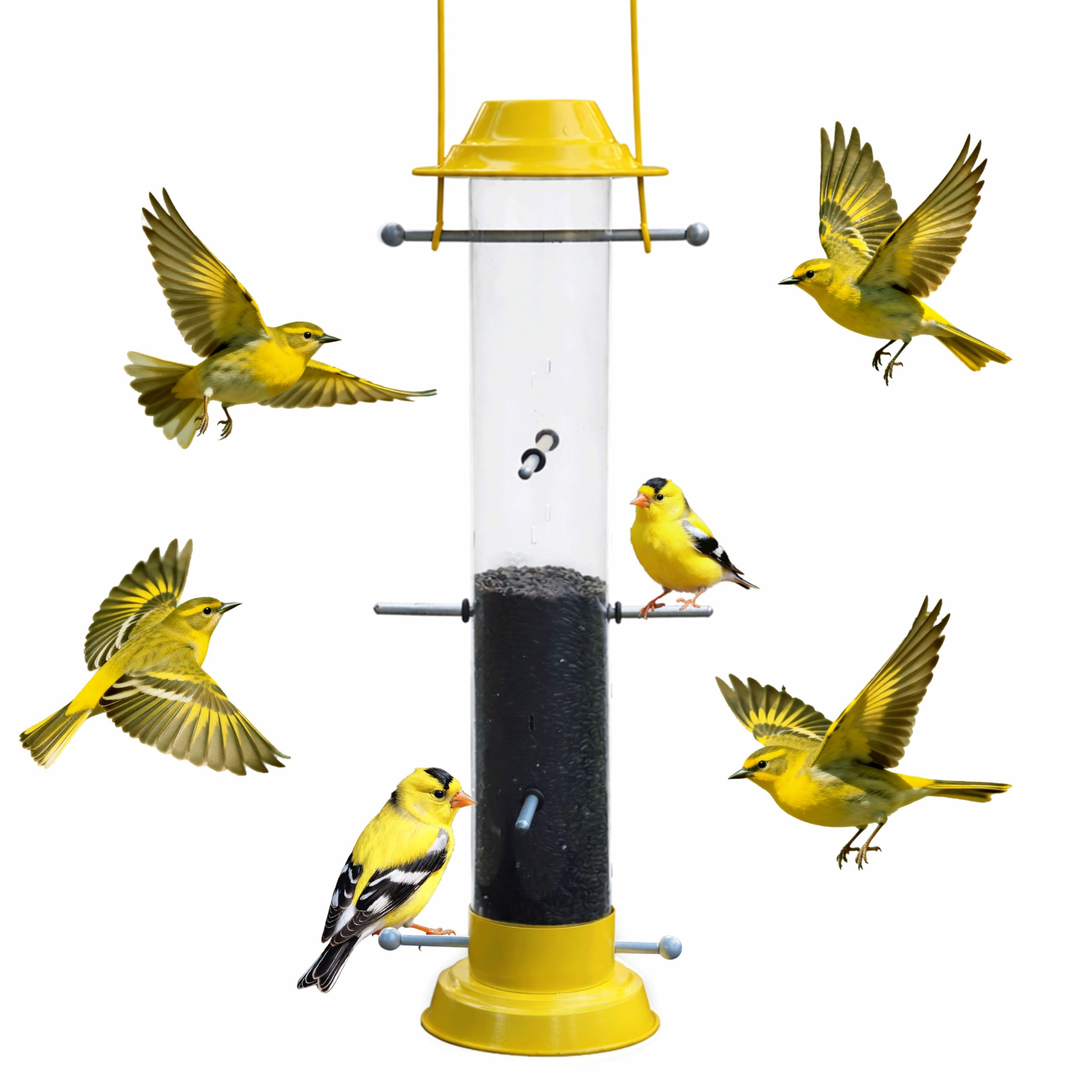KiRuan Finken-Futterspender für draußen, Distel-Vogelfutterspender zum Aufhängen im Freien, Metallrohr-Vogelfutterstation, 45,7 cm, 6 Anschlüsse, Gelb, 1 Stück