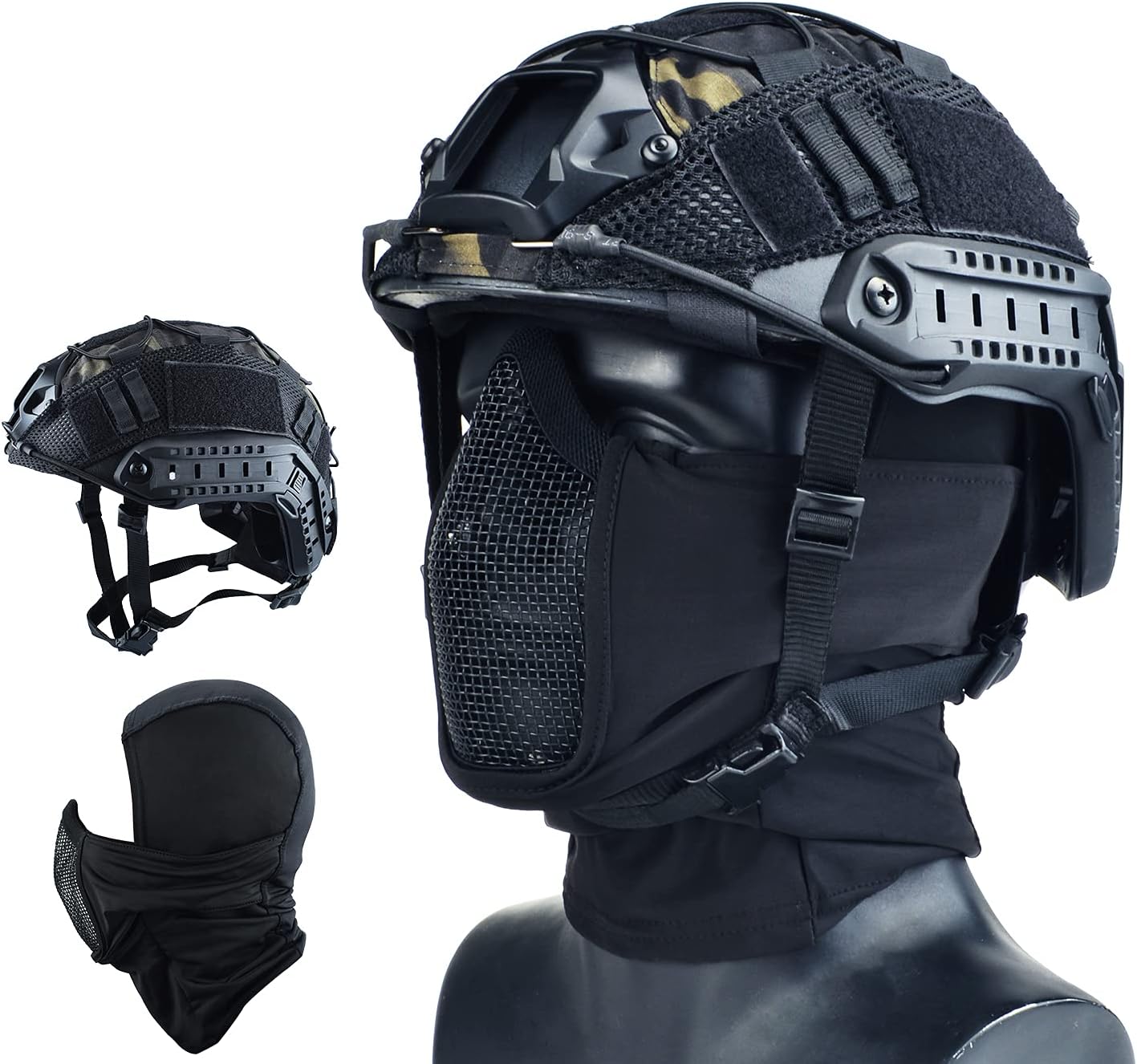 Guayma Airsoft Fast Helmet with Cover Half Mesh Mask Headgear PJ Type Tactical Multifunctional Protective NVG Mount for Paintball Multicam Military Outdoor Sports CS Game Hunting Shooting(Black) : Sports & Outdoors