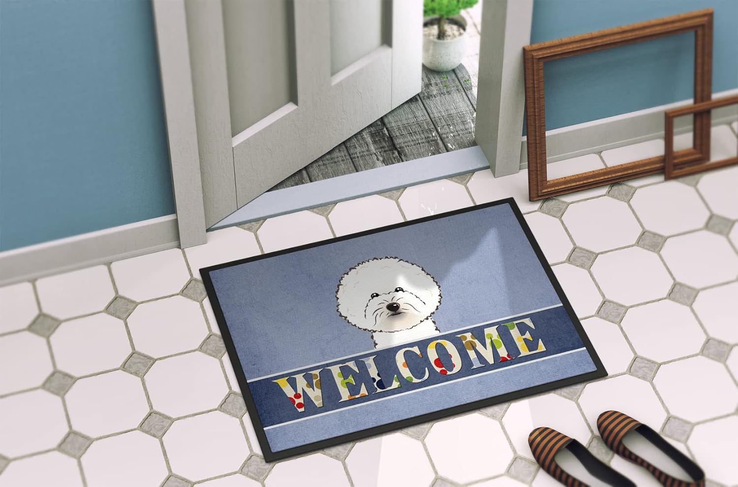 Caroline's Treasures BB1403JMAT Bichon Frise Welcome Doormat 24x36, Blue Front Door Mat Indoor Outdoor Rugs for Entryway, Non Slip Washable Low Pile, 24H X 36W