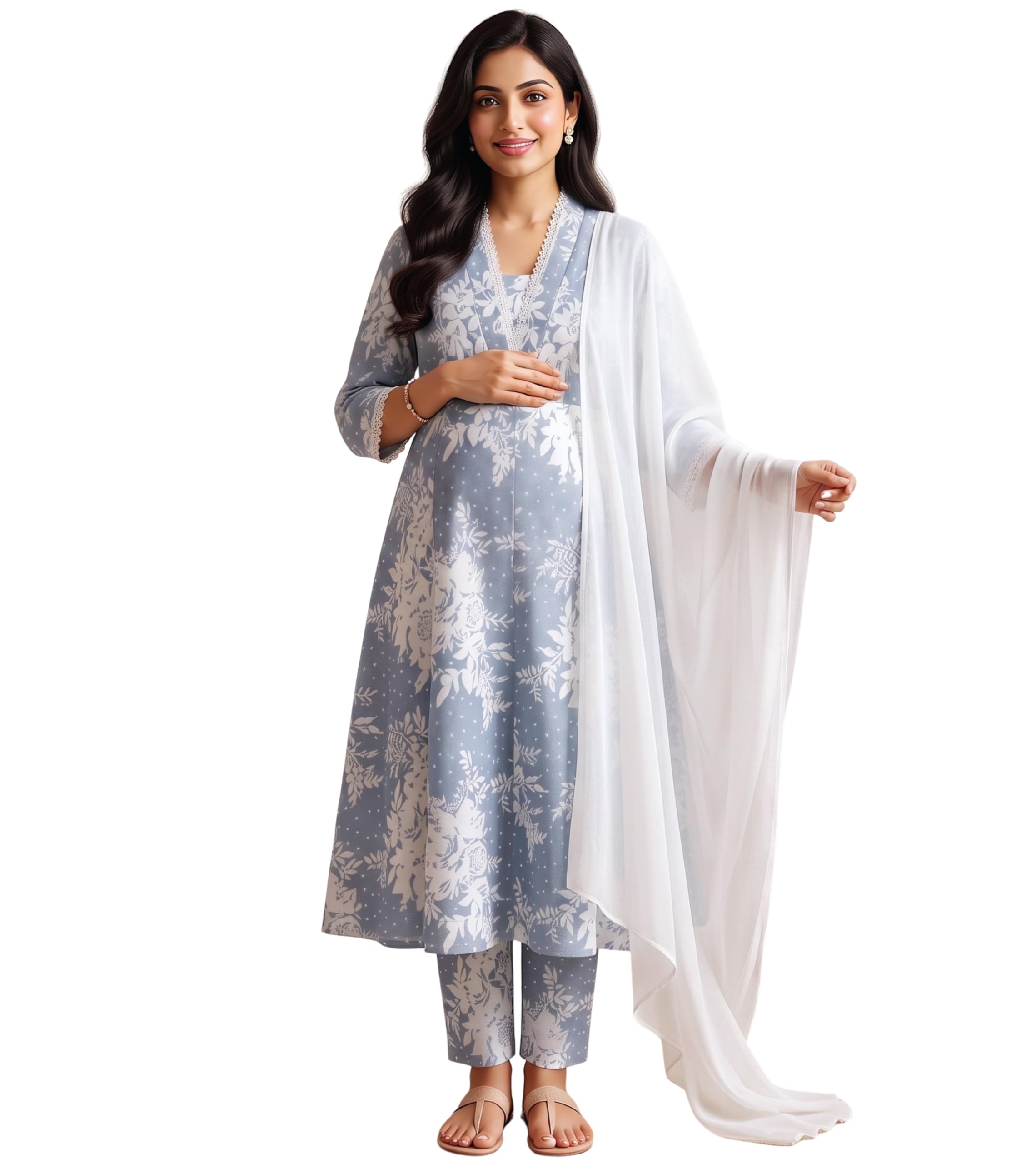 DUMMY SHAPE Maternity Dresses for Women Cotton | Floral Anarkali Kurta Pant Suit Set with Nursing Zippers, Side Pocket to Pre & Post Pregnancy | Baby Shower Gifts for Mom-image-31