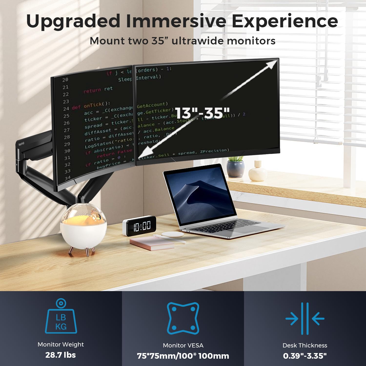 Supporto da scrivania per doppio monitor fino a 35", max 13 kg ciascuno, braccio per monitor ultrawide resistente, supporto per monitor regolabile in altezza con movimento completo, molla a gas per 2